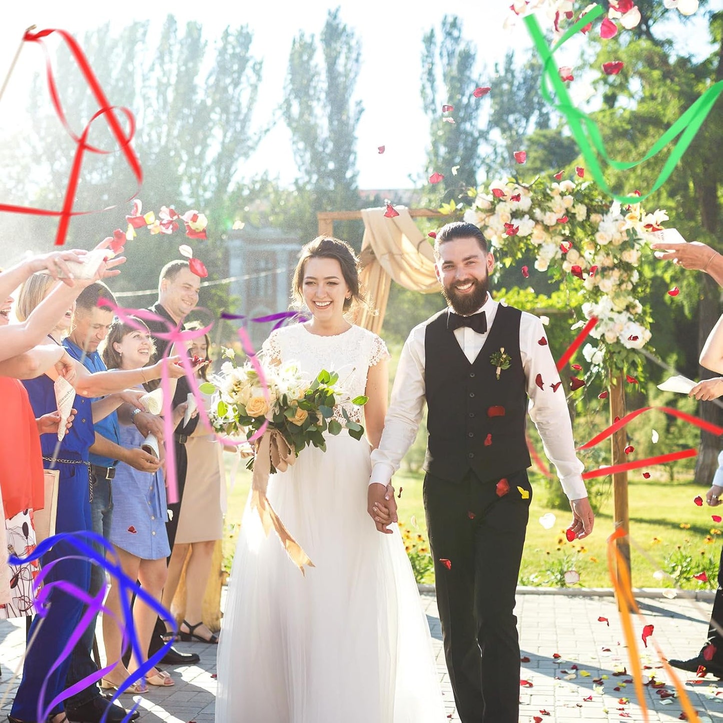 100Pcs Multi-Color Ribbon with Gold Bell, Fairy Wands Chromatic Silk Wish Wand Streamers Sticks for Wedding Send Off, Bridal Shower Party Photo Props, Birthday, Pride Parade Decorations