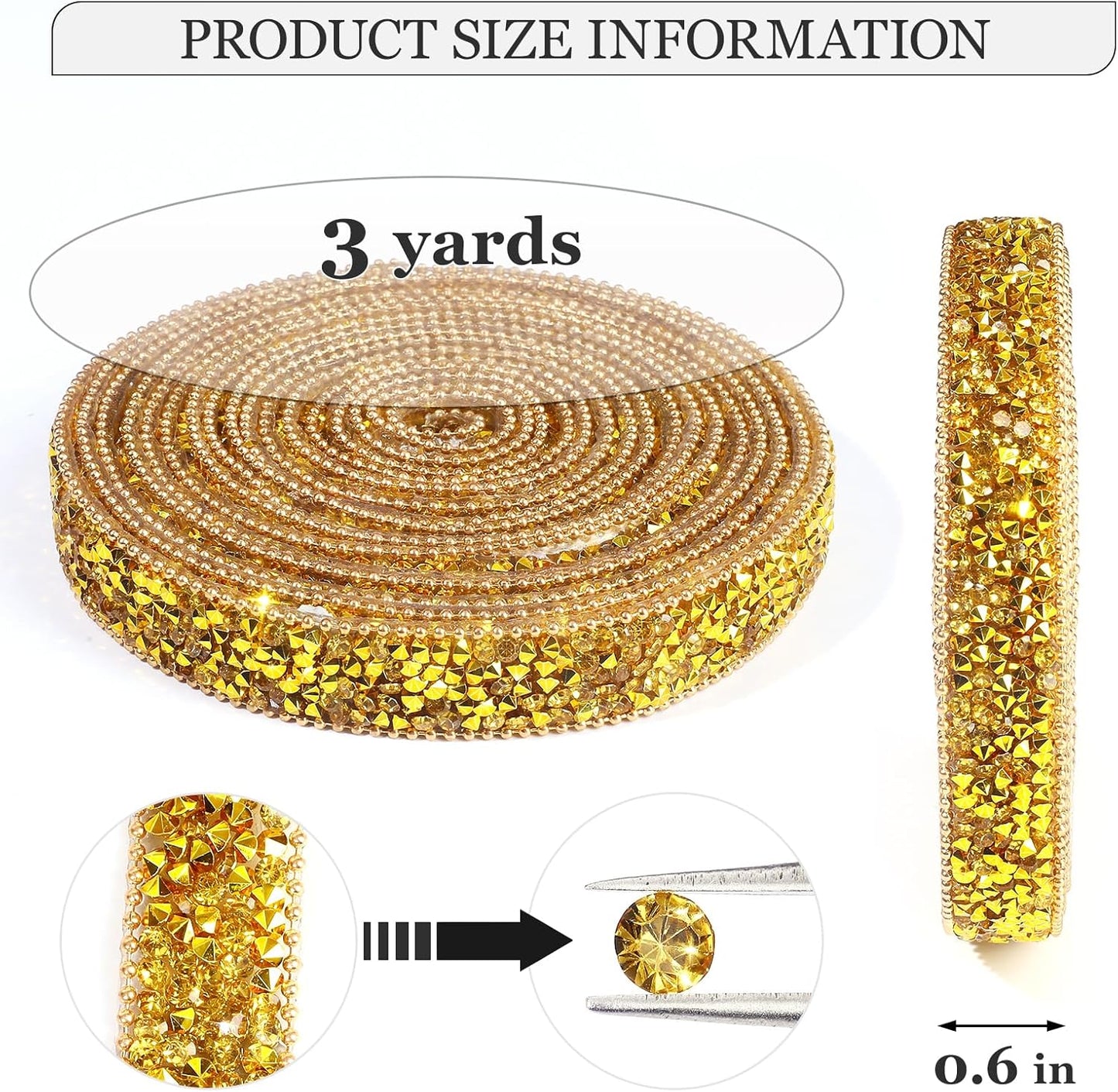 Rhinestone Ribbon 3 Yards Self Adhesive Rhinestone Strips Diamond Ribbon Sticker Crystal Roll Glitter Bling Rhinestones Tape for Crafting DIY Art Decoration (Gold,0.6 Inch)