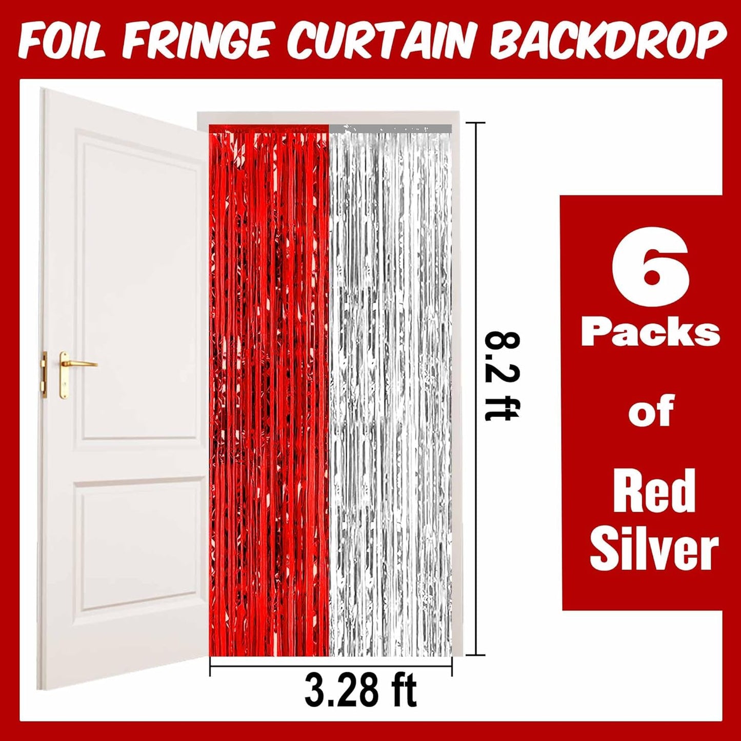6 Pack Red and Silver Foil Fringe Curtains Backdrop, 3.28 x 8.2 Ft Metallic Streamers Tinsel Curtains Background for Photo Booth, Birthday, Weddings, Carnivals, Graduation, Themed Party Decorations
