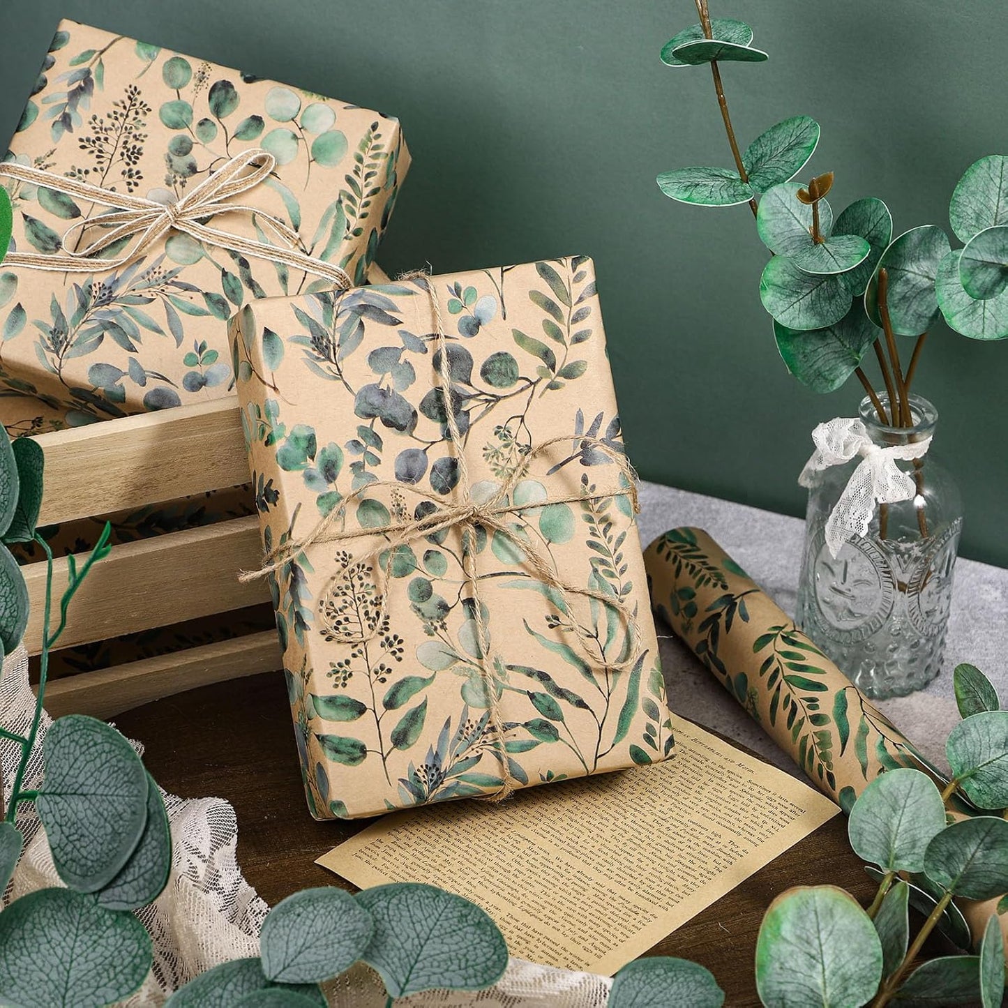 RUSPEPA Wedding Wrapping Paper, 17 in x 16.4 ft, Mini Roll, Eucalyptus Leaf Gift Wrap Paper, Green Flower Kraft Wrapping Paper for Women, Spring, Summer and Birthday