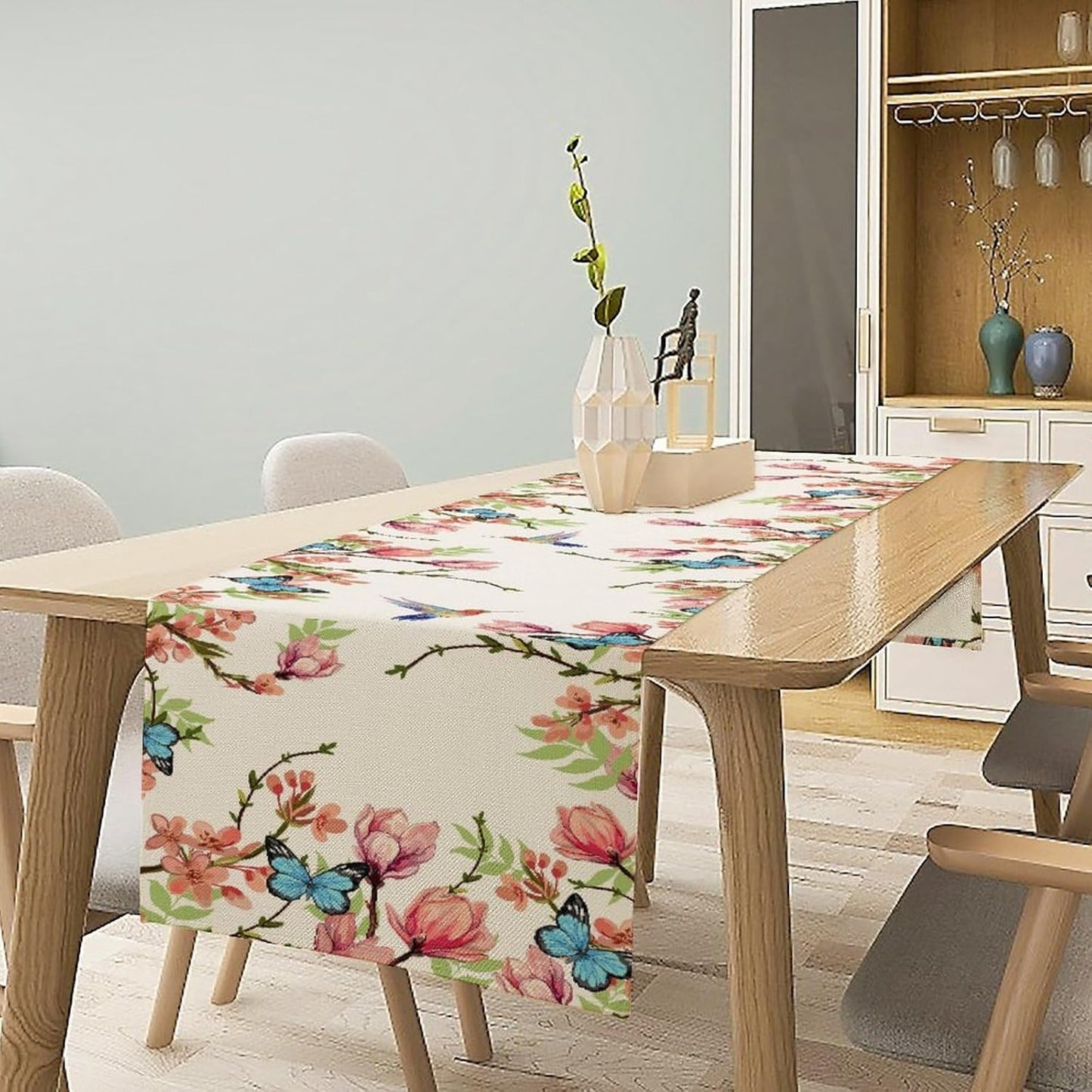 Floral Butterfly Table Runner Seasonal Spring Flower Bird Table Decoration Table Runner for Home Party Decoration 13x70 Inch