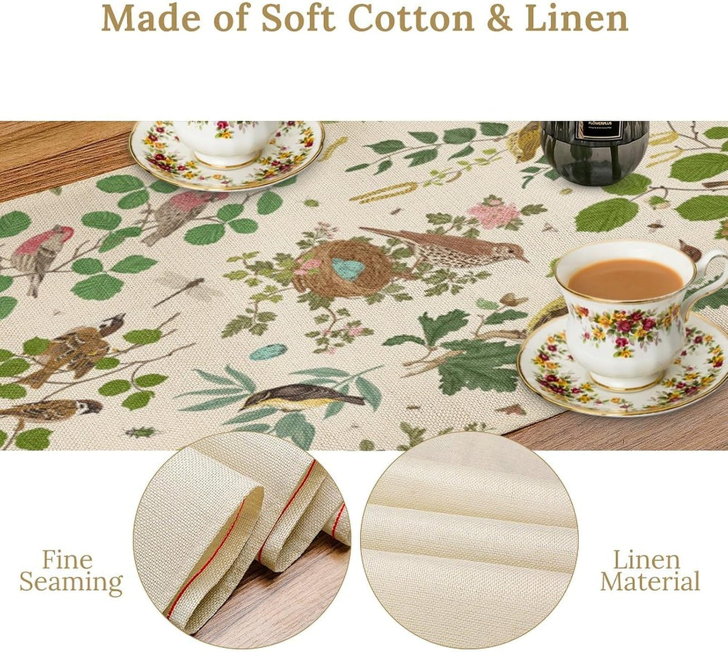 Vintage Bird Flower Table Runner Seasonal Spring Summer Garden Plants Farmhouse Country Kitchen Dining Table Decoration for Home Party Holiday 13"x36"