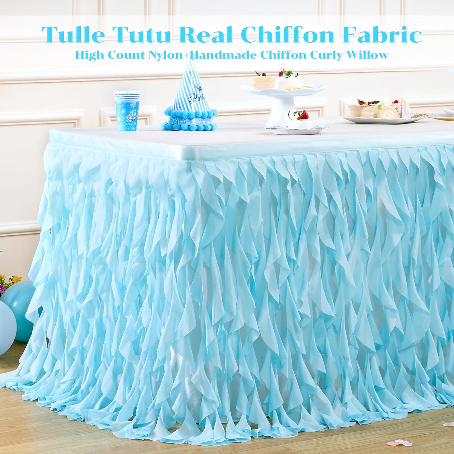 Partisky Aqua Blue Tulle Curly Willow Table Skirt for Rectangle Table 6ft, Ruffle Tutu Table Cloth for Boys Baby Shower,Birthday Party Candy Cake Tables