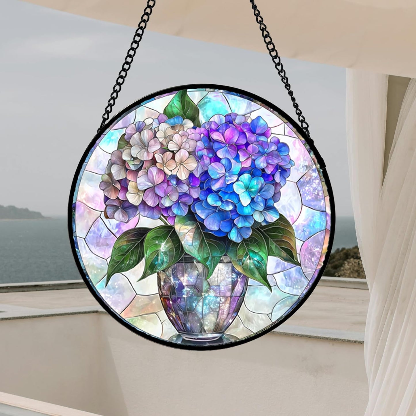 Stained Glass Window Hanging, Blue Purple Hydrangea Flowerpot Suncatcher for Doors Home Sun Catchers Decoration and Christmas, Mother's Day Birthday Gifts for Women, Men, and Mom 6.3x6.3 in