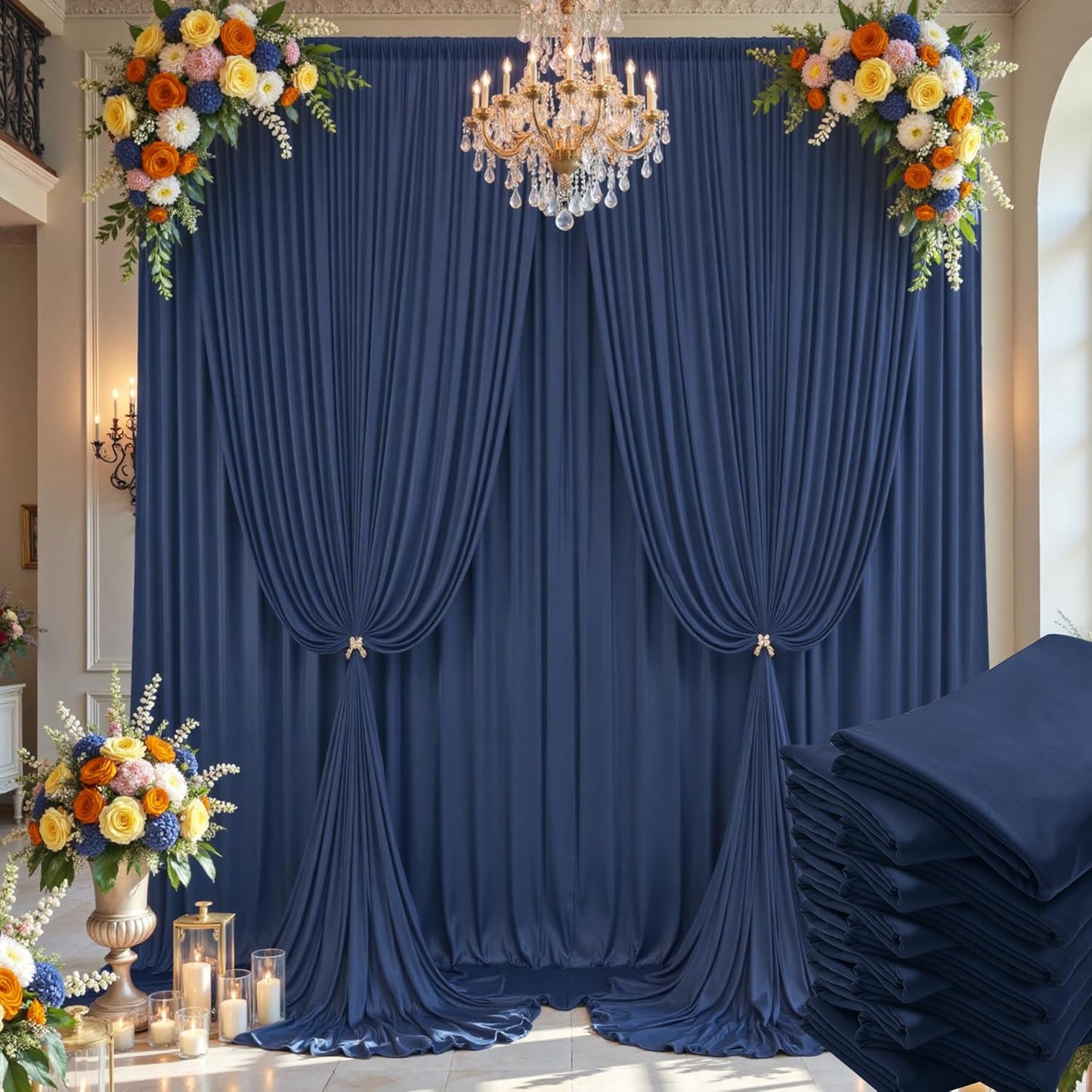 60×14ft Wrinkle Free Navy Blue Backdrop Curtain for Wedding Parties,12 Panels 5×14ft Height Soft Silky Polyester Photo Backdrop Drapes Curtains for Birthday Photography Stage Events Background Cloth