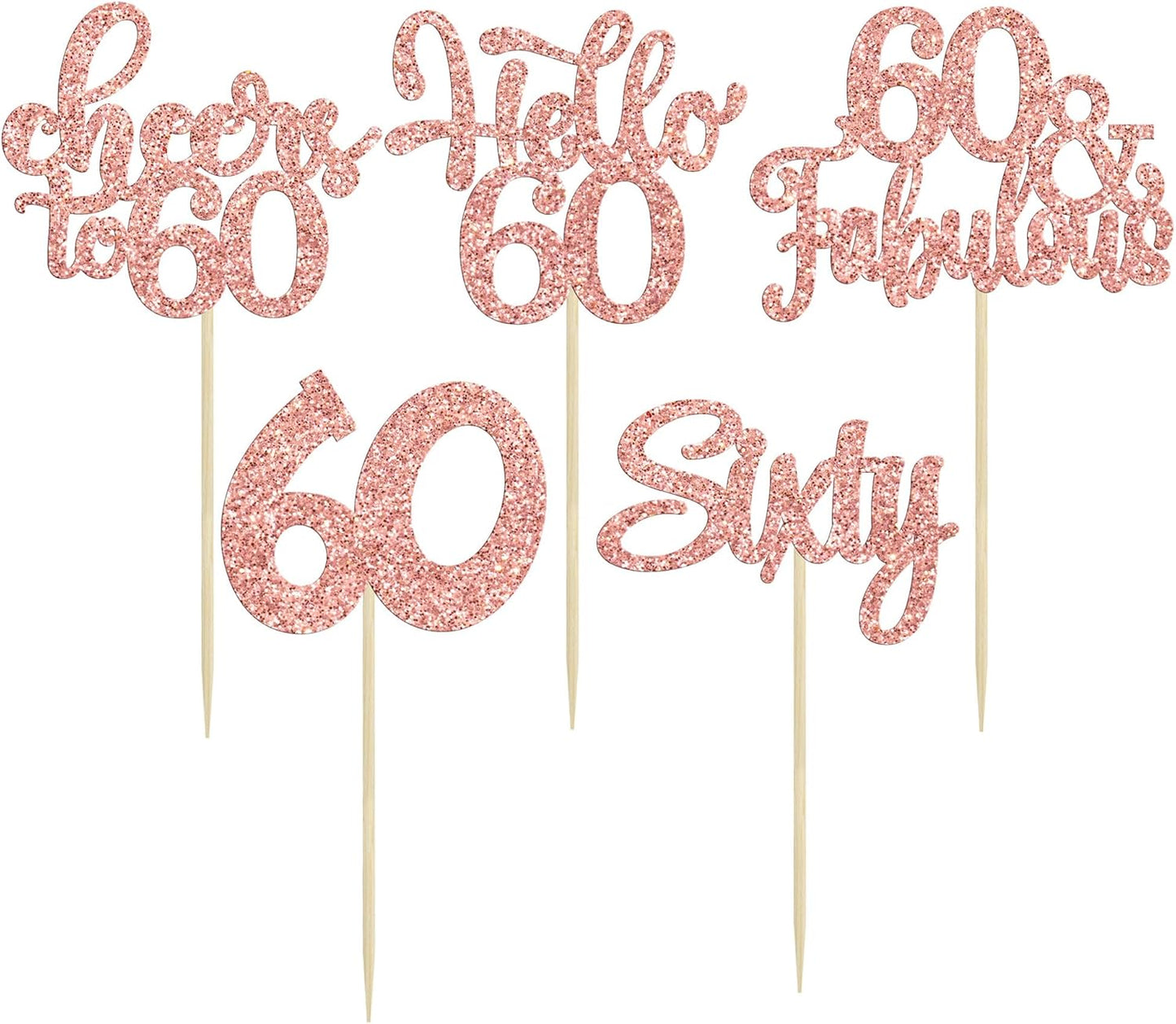 30Pcs Happy 60th Birthday Cupcake Toppers Rose Gold Glitter Sixty Cake Toppers Cheers to 60 Years Old Birthday Cupcake Picks for 60th Birthday Anniversary Party Cake Decorations Supplies