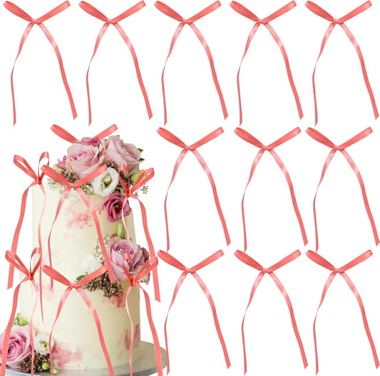 Ephlyn 30Pcs Bow Cupcake Toppers Valentine's Bowknot Ribbons Coquette Bow High Footed Cup Balloon Wall Party Decorations Cake Dessert Picks Baby Girl Birthday Wedding Party Supplies Peach Pink