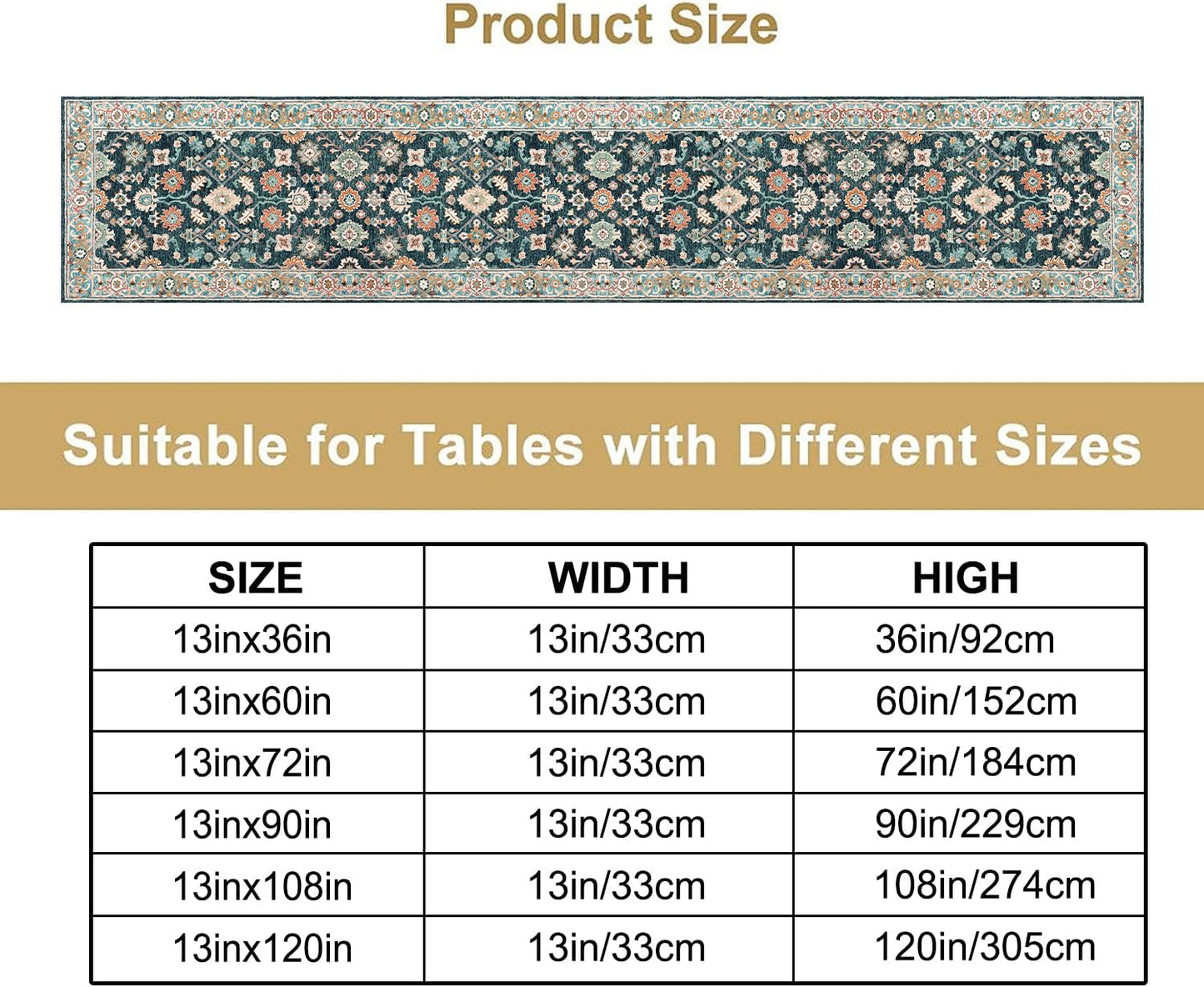 Vintage Boho Floral Table Runner, Rustic Country Farmhouse Blue Teal Red Bohemia Flower Pattern for Home Kitchen Table Decor Dining Coffee Room Party Decor 13x108in