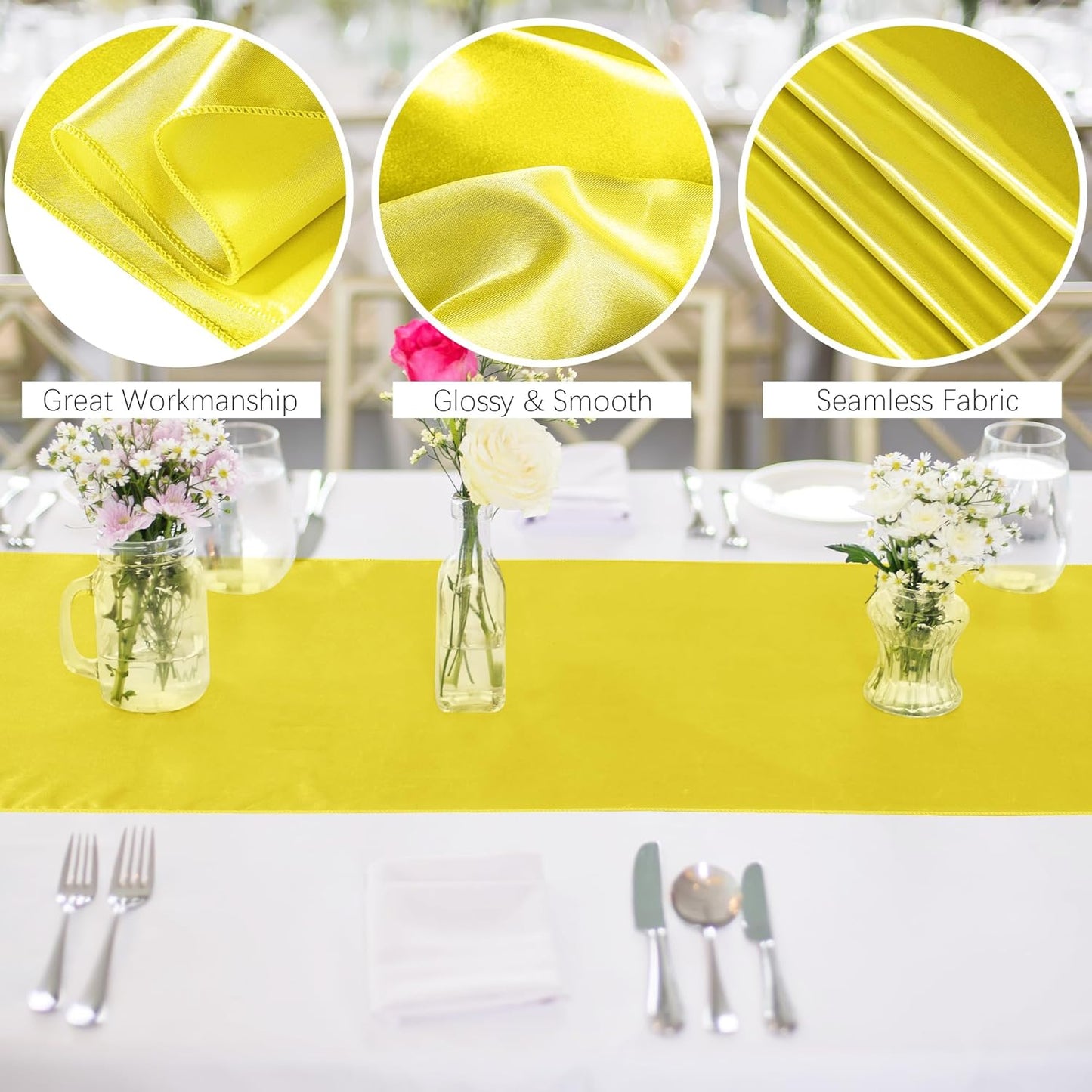 Aneco 12 Pack Satin Table Runner 12 x 108 Inch Yellow Long Wedding Satin Silk Table Runner for Wedding Banquet Graduations Birthday Party Decoration