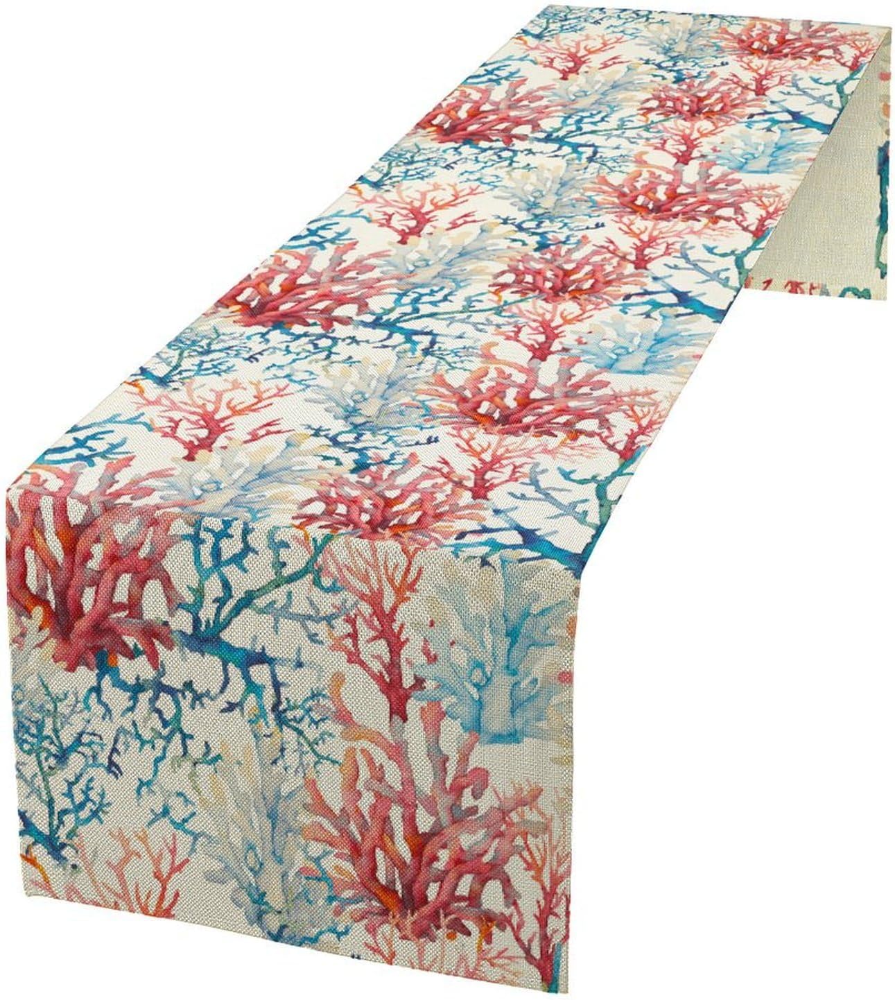 Blue Beach Table Runner, Tropical Ocean Coast Table Runner, Seashell Seasonal Nautical Restaurant Coffee Table Decorations for Home Holiday Party Indoor Outdoor 13x70 Inch