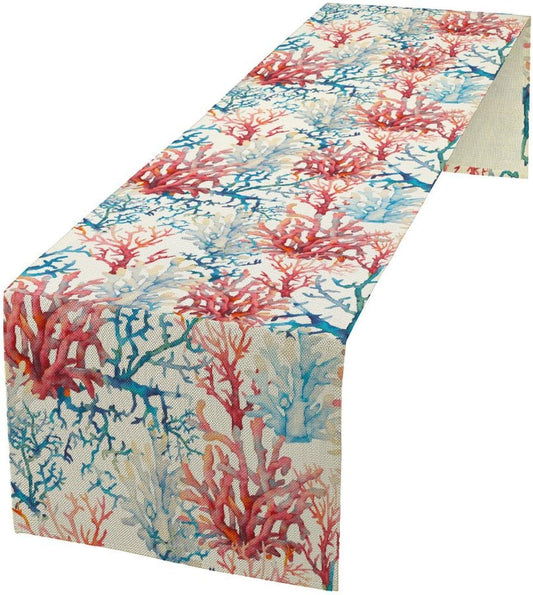 Blue Beach Table Runner, Tropical Ocean Coast Table Runner, Seashell Seasonal Nautical Restaurant Coffee Table Decorations for Home Holiday Party Indoor Outdoor 13x36 Inch