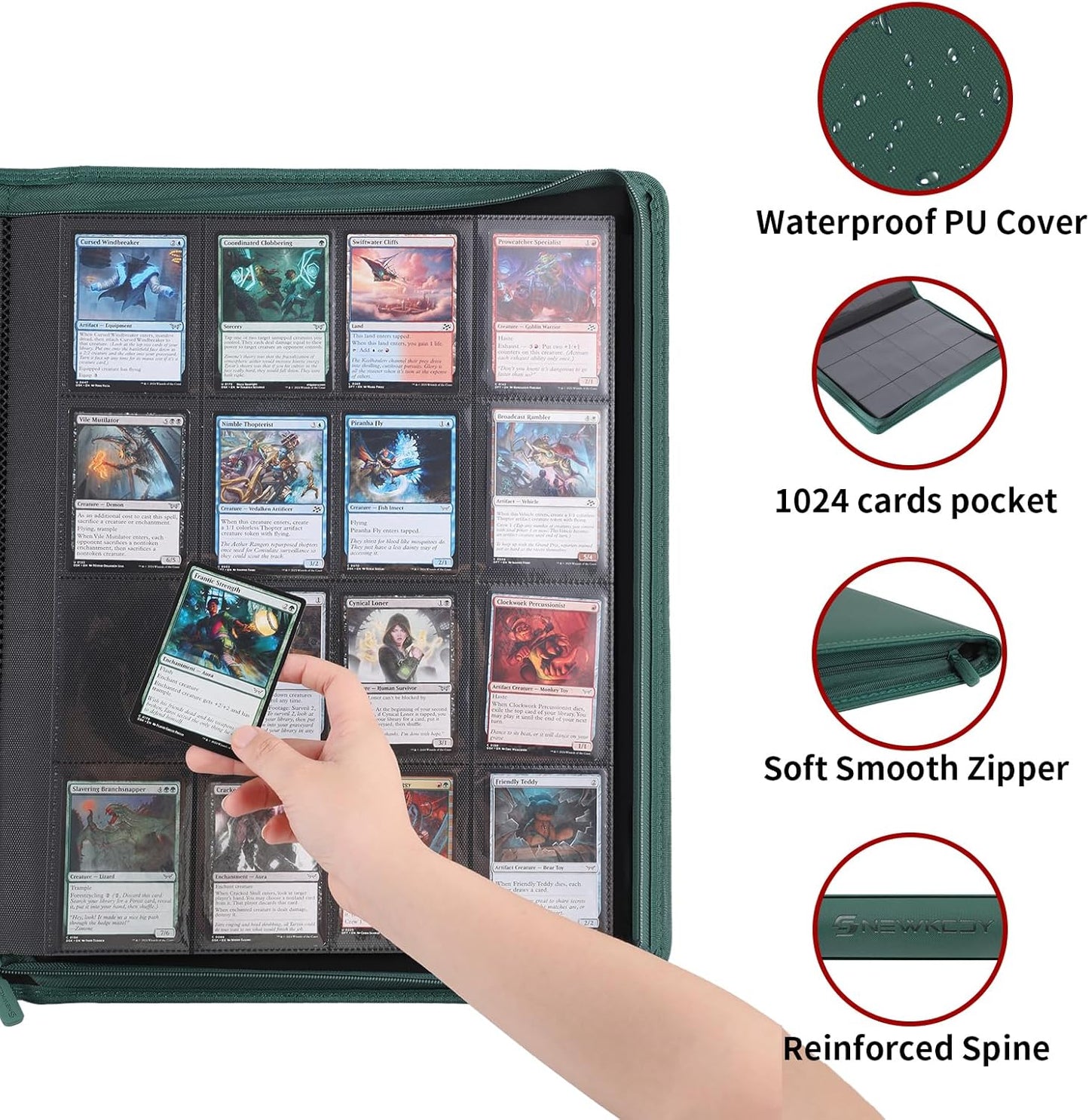 Snekdy premium 1024-pocket trading card binder, 16-pocket cards album, waterproof PU-leather Cover album with side loading, holds gaming, baseball, basketball & sports cards Green