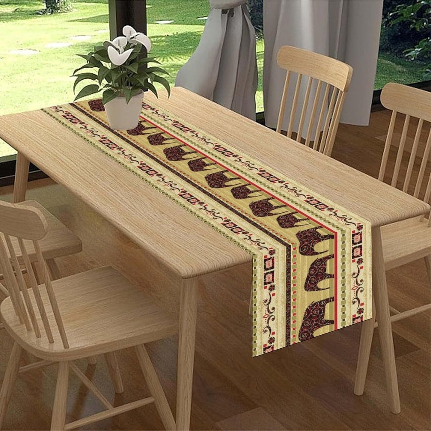 Boho Elephant Table Runner, Vintage Tribal Traditional Bohemian African Animals Ethnic Folk Table Center Decor for Home Kitchen Dining Patio Holiday Party Indoor Table Decorations, 13"x108" Inch