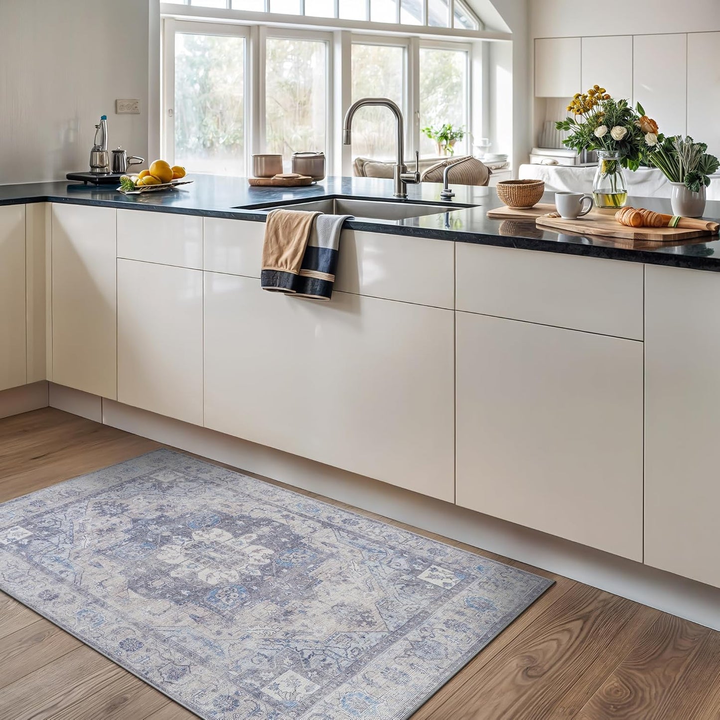 Bloom Rugs Washable Non-Slip 3' x 5' Rug - Blue/Sand Traditional Medallion Area Rug for Living Room, Bedroom, Dining Room, and Kitchen - Exact Size: 3' x 5'