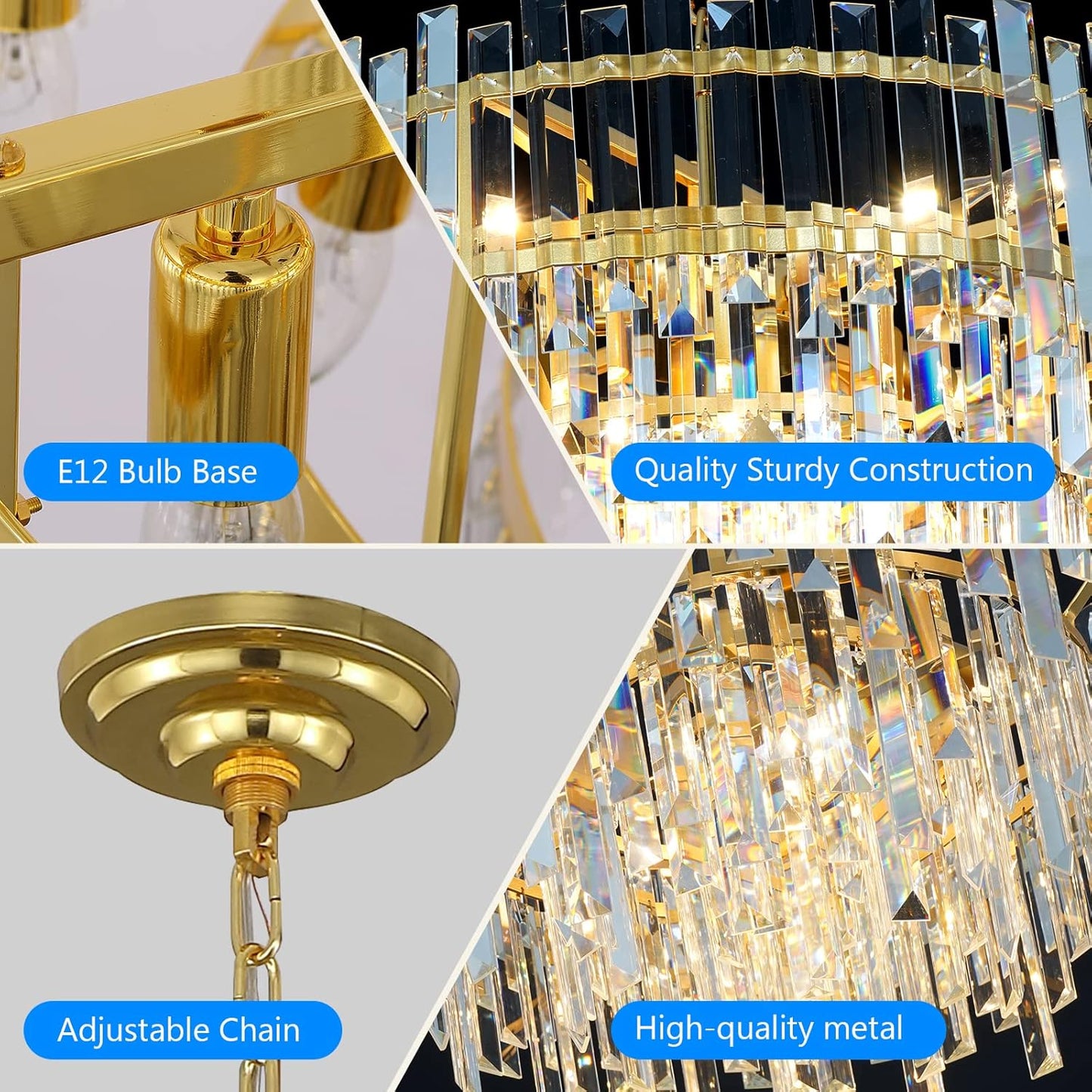 Gold Copper Crystal Chandelier Lighting 24'' for Dining Rooms Bedroom Foyer Entryway Ceiling Hanging Pendant Chandelier Light Fixture Lamp