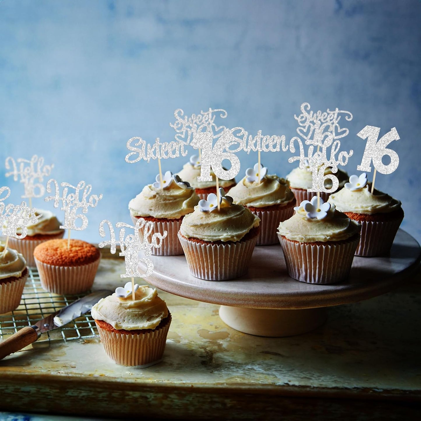 30pcs 16th Birthday Cupcake Toppers - Sixteen Happy Cupcake Picks, Cheers to Sweet 16 Cake Decorations - Silver Glitter