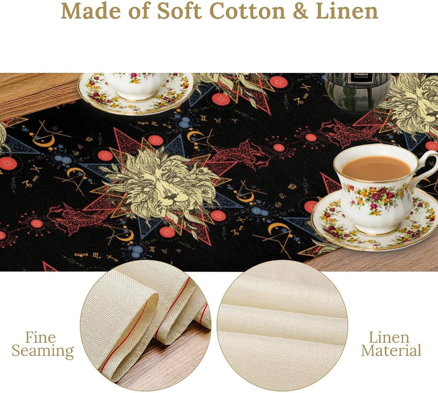 Boho Moon Lion Table Runner, Chinese Fish Phase of The Moon Sun Moon Table Runner for Kitchen Dining Table Home Party,13x60 Inch Black Red