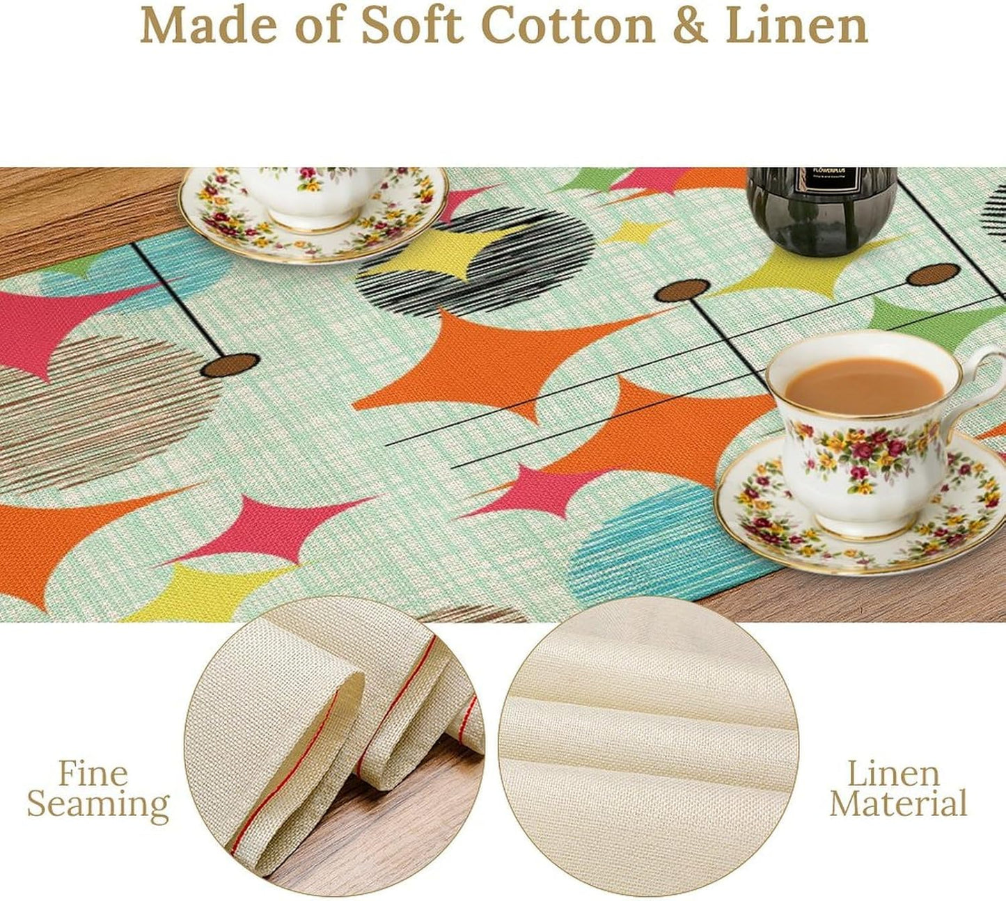 Mid Century Table Runner,Abstract Retro Modern Geometric Colorful Stripe Pattern Print Tablecloth Burlap for Hotel Indoors Outdoor Dining Room Kitchen Holiday Party, 13x90in