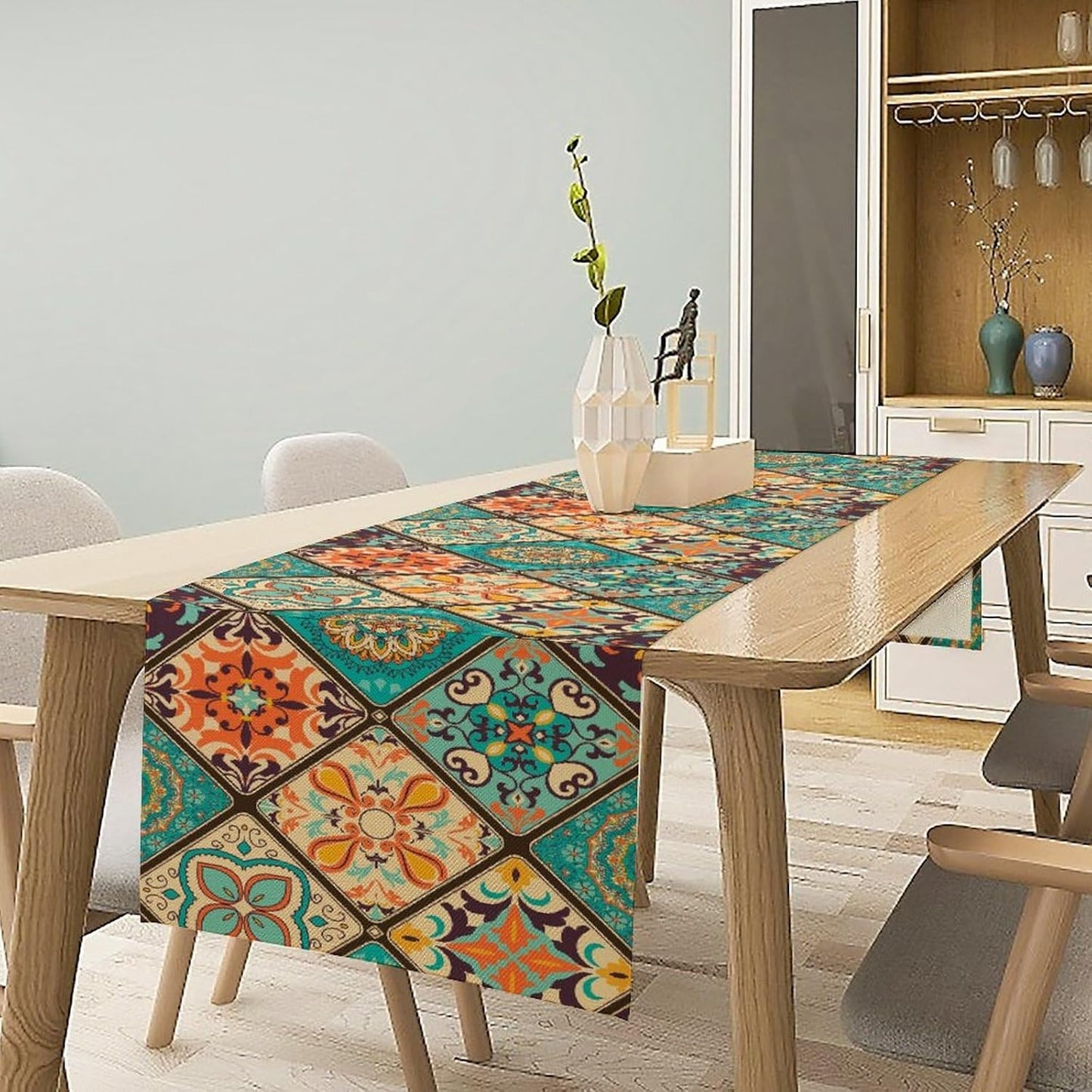 Boho Floral Table Runner,Vintage Bohemian Style Table Runner for Kitchen Dining Table Home Party Decoration 13x72 Inch