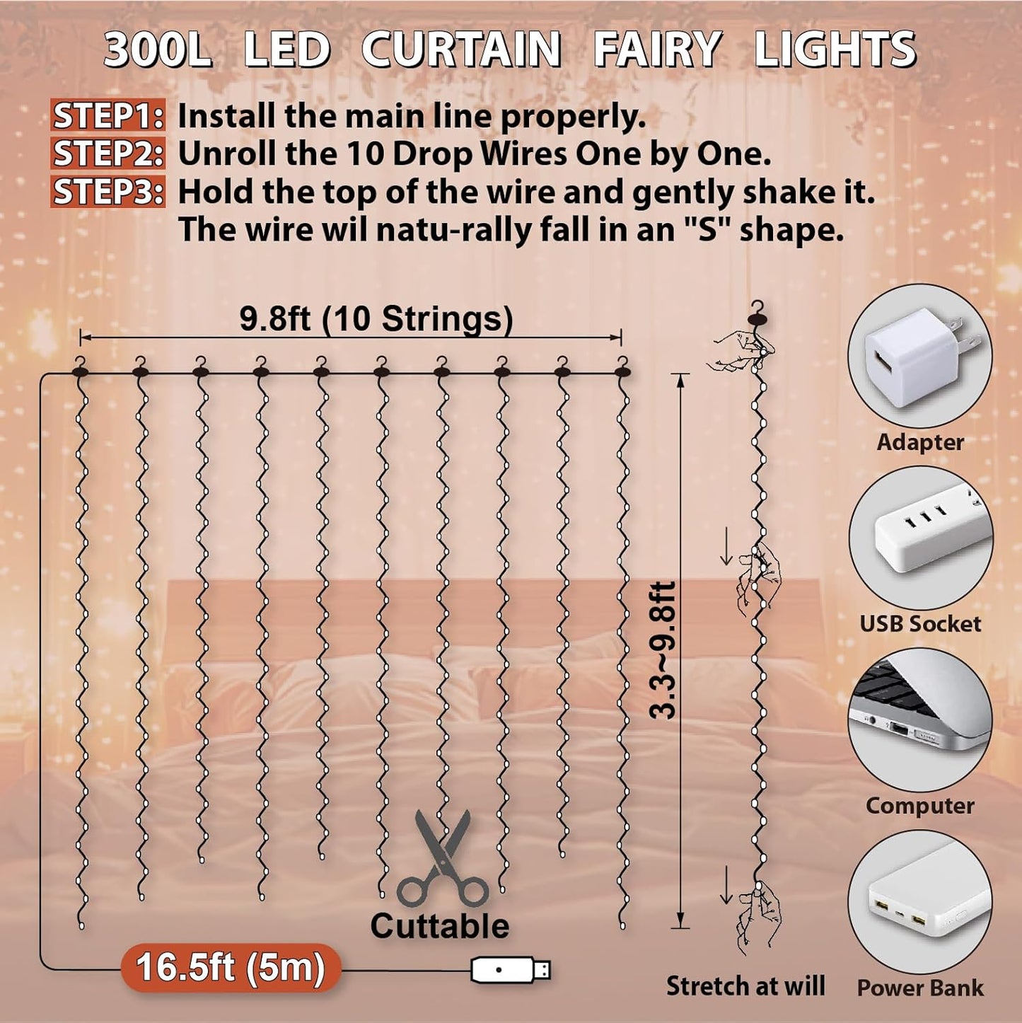 HXWEIYE 300LED Fairy Curtain Lights, 9.8x9.8Ft USB Plug-in 8 Modes Christmas String Hanging Lights with Remote for Bedroom Backdrop Wedding Party Indoor Wall Decor, Orange