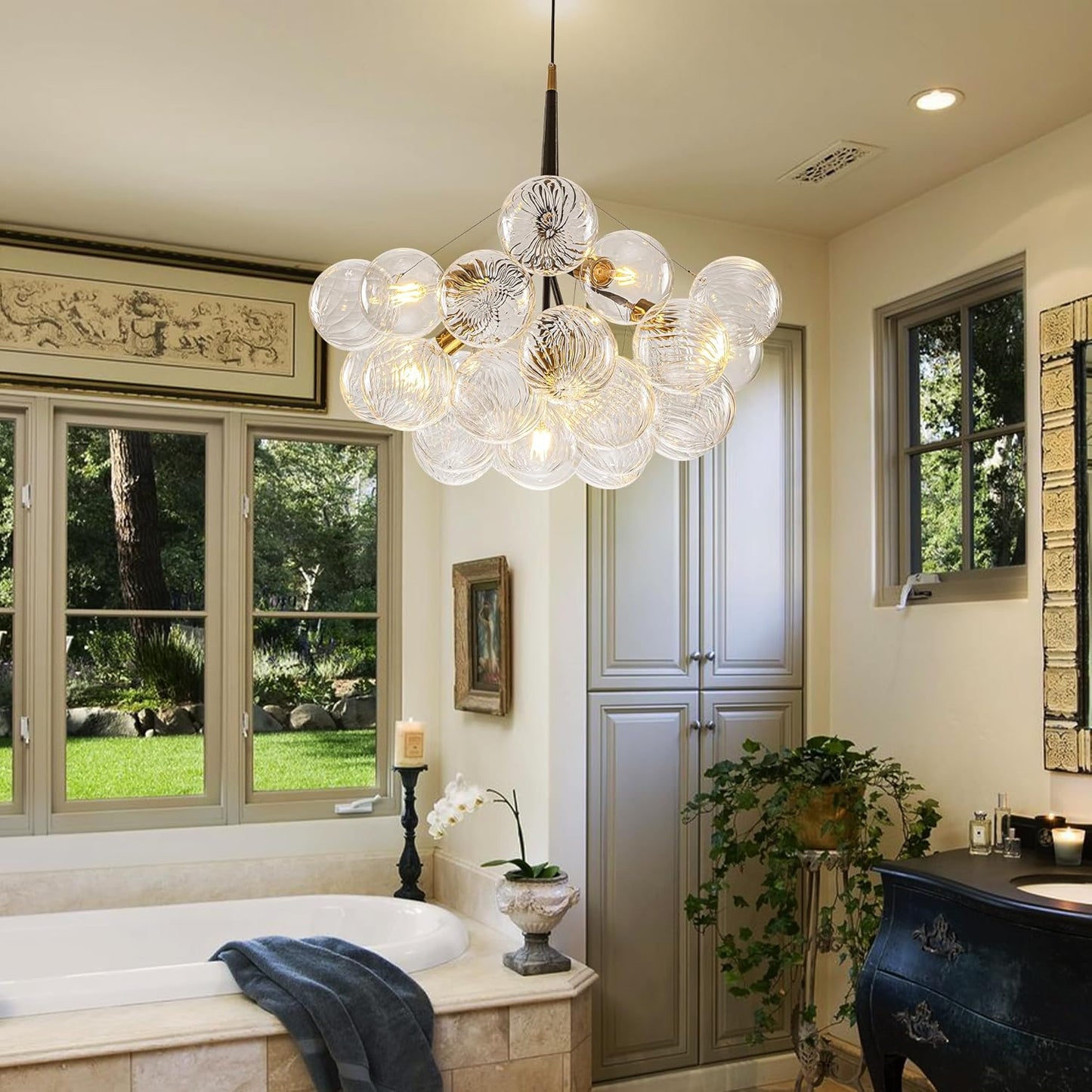 Modern Bubble Ball Swirled Glass Chandelier, Dia 24 inch Black and Clear Globe Blown Glass Small Ceiling Lights Fixture for Bedroom Study Restaurant