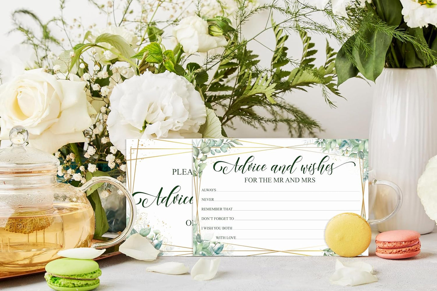 Advice And Wishes Cards For the Mr & Mrs, Gold Foil Greenery Wedding Advice Card For Bride Groom Newlyweds, 25 Wishes Cards for Wedding Bridal Shower Engagement Party, 01