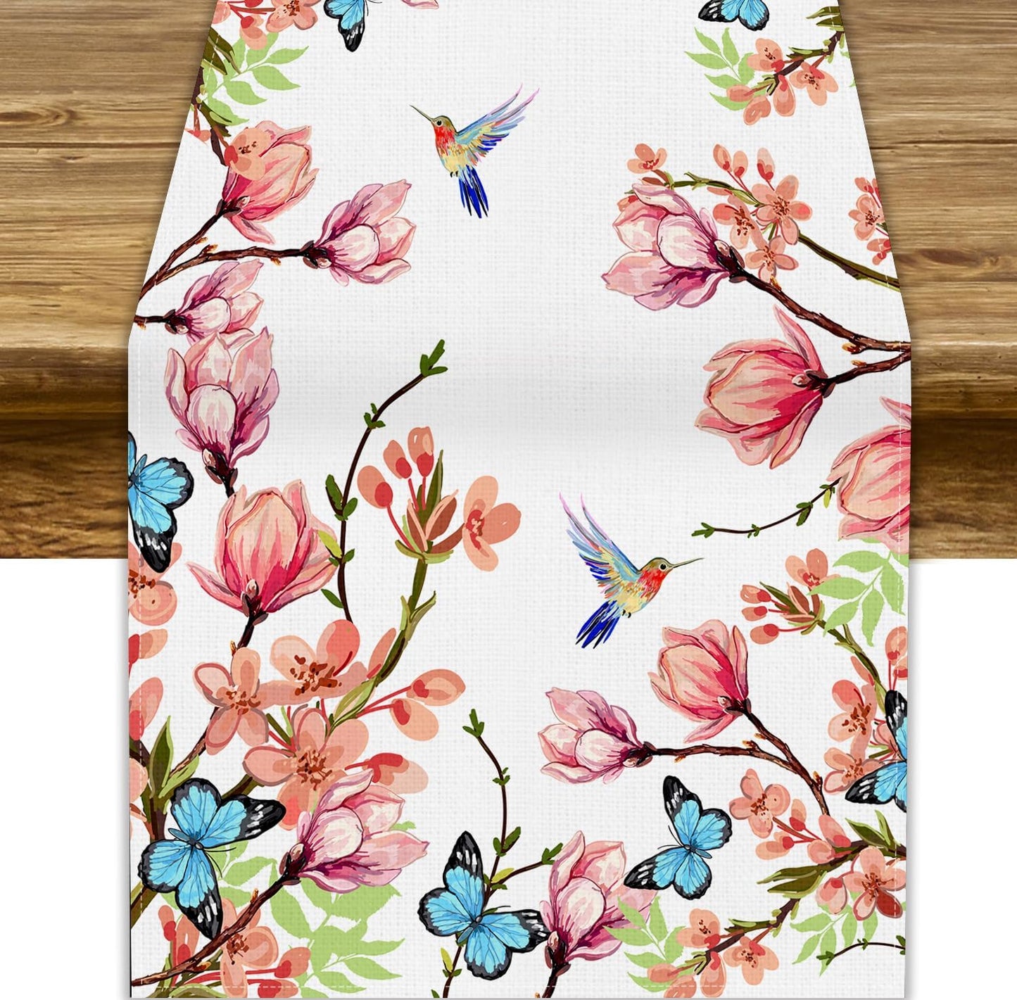 Spring Floral Bird Table Runner, Watercolor Pink Flower Plants Nature Butterfly Table Runner for Kitchen Dinner Living Room Home Party, 13x36 Inch
