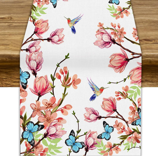 Spring Floral Bird Table Runner, Watercolor Pink Flower Plants Nature Butterfly Table Runner for Kitchen Dinner Living Room Home Party, 13x36 Inch