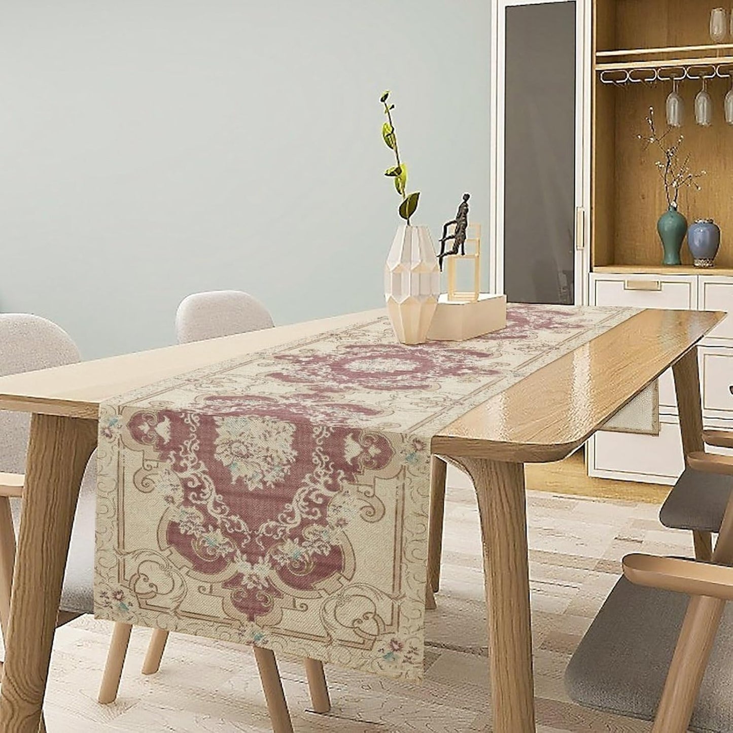 Boho Bohemia Table Runner, Vintage Blue Gold Retro Flower Rustic Country Floral Printed Pattern for Home Kitchen Table Decor Dining Coffee Room Garden Party Wedding Decor 13x60in