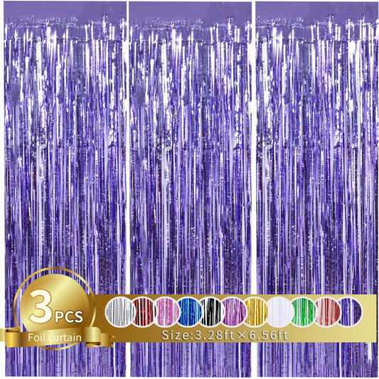 TONIFUL 3Pcs Light Purple Door Streamers Purple Photo Booth Backdrop Metallic Streamers Foil Fringe Curtains for Birthday,Christmas,New Year,Bachelorette,Grad Party Streamers Decor(9.9ft x 6.6ft)