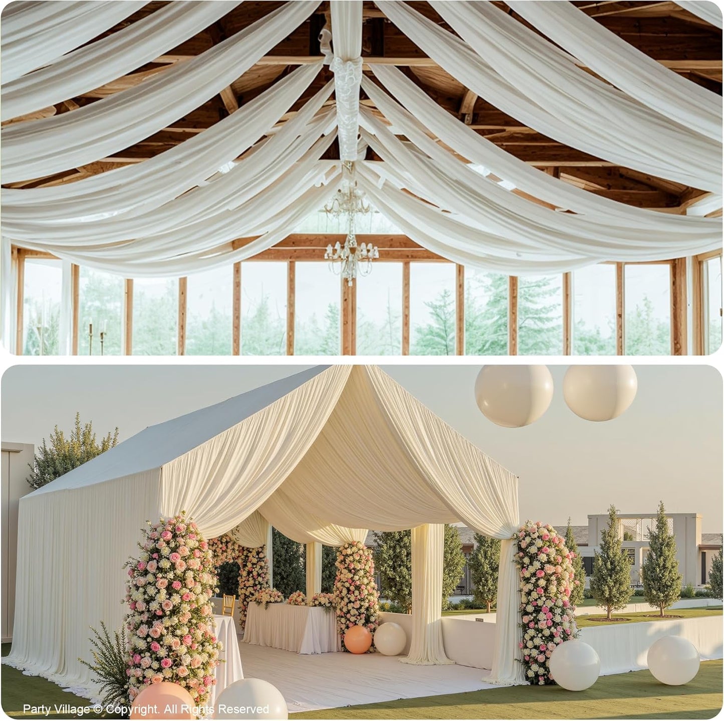 PartyVillage 10 Panels 5ftx30ft Ivory Ceiling Drapes for Wedding Parties – 30 FT Extra Long Thick Polyester Wrinkle-Free Drapery Tent Decor Decorations for Birthday Party Ceremony Stage Swag