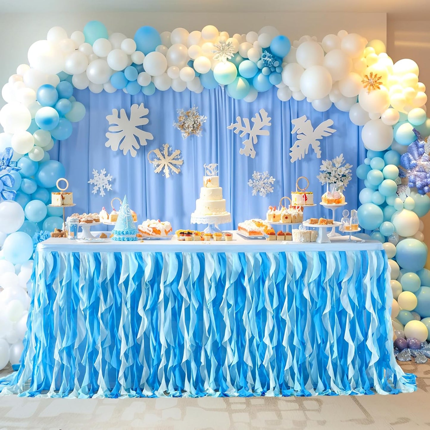 Partisky Ocean Blue Tulle Tutu Ruffle Curly Willow Table Skirt for Rectangle Table 9ft,Under The Sea Baby Shark Themed Table Cloth for Boys Girls Birthday Party or Baby Shower