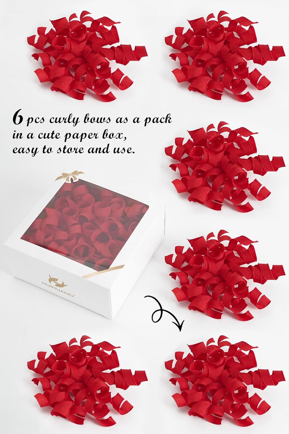 HUIHUANG Red Bows for Gift Wrapping, Red Curly Ribbon Bows Self Adhesive Burst Gift Bow for Christmas Presents, Wine Bottle, Treat Bags, Valentine's Day, Wedding Party Favor - 6 Counts