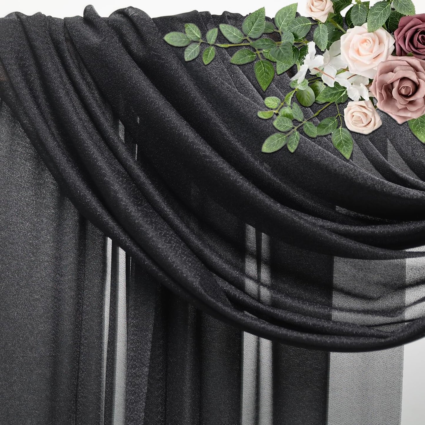Wedding Arch Draping Fabric 3 Panels 28.7" x 20FT Black Sheer Chiffon Backdrop Drapes for Wedding Ceremony Birthday Party Bridal Shower Outdoor Decoration