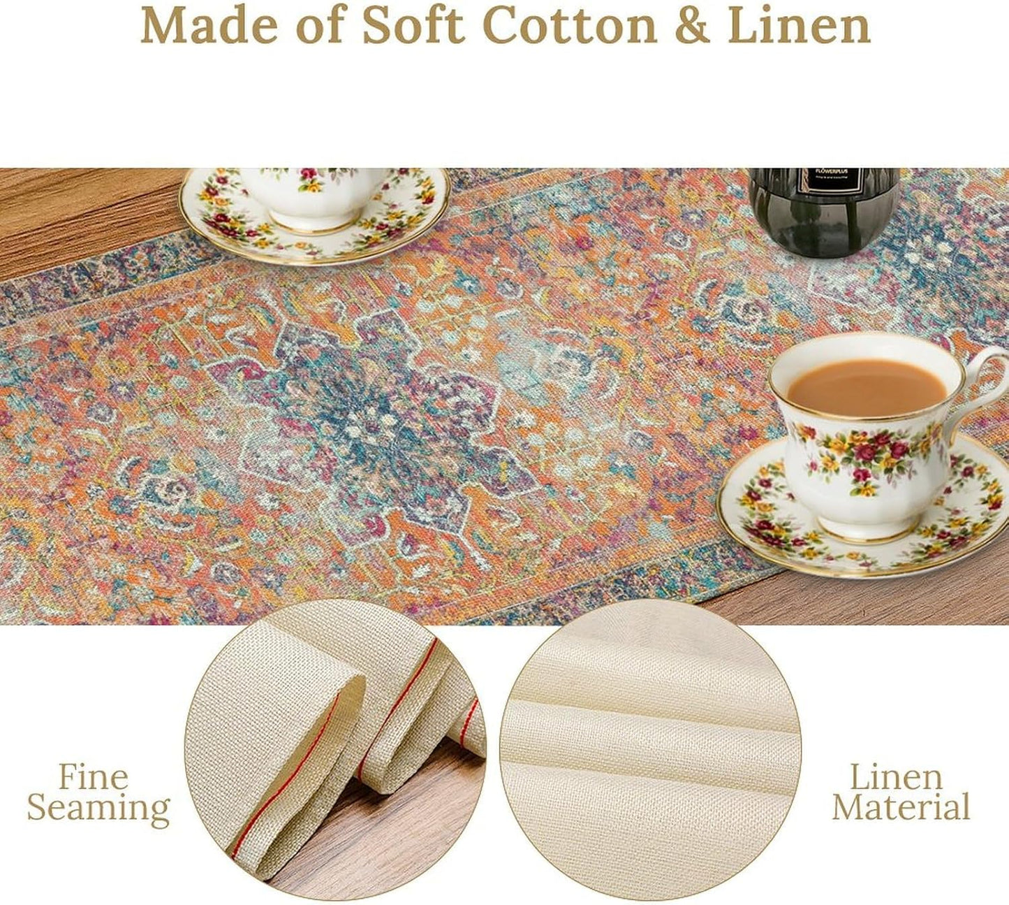 Boho Floral Vintage Table Runner, Orange Retro Flower Rustic Country Farmhouse Abstract Pattern for Home Kitchen Table Decor Dining Coffee Room Party Decor 13x36in