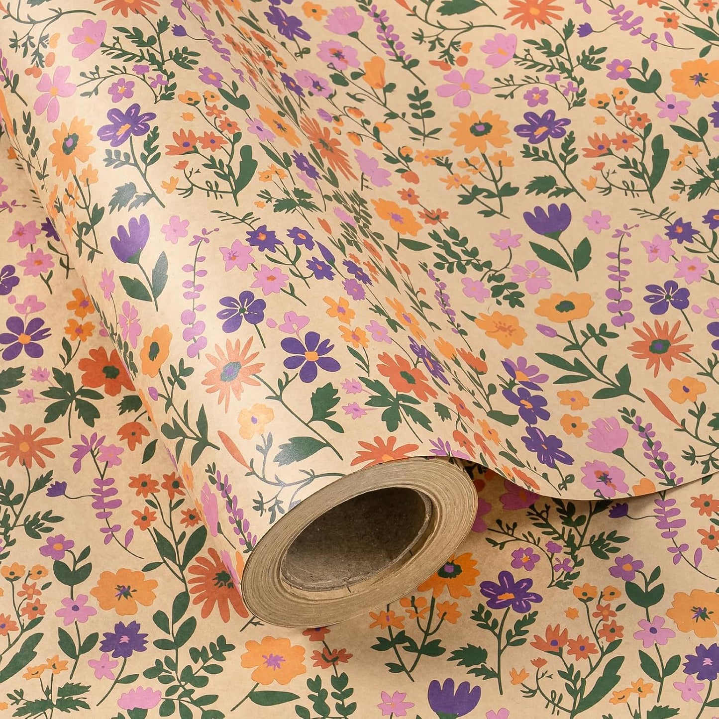 WRAPAHOLIC Kraft Floral Wrapping Paper Roll - Mini Roll - 17 Inch x 33 Feet - Vintage Flower Wrapping Paper, Perfect for Wedding, Birthday, Bridal Shower, Tea Party
