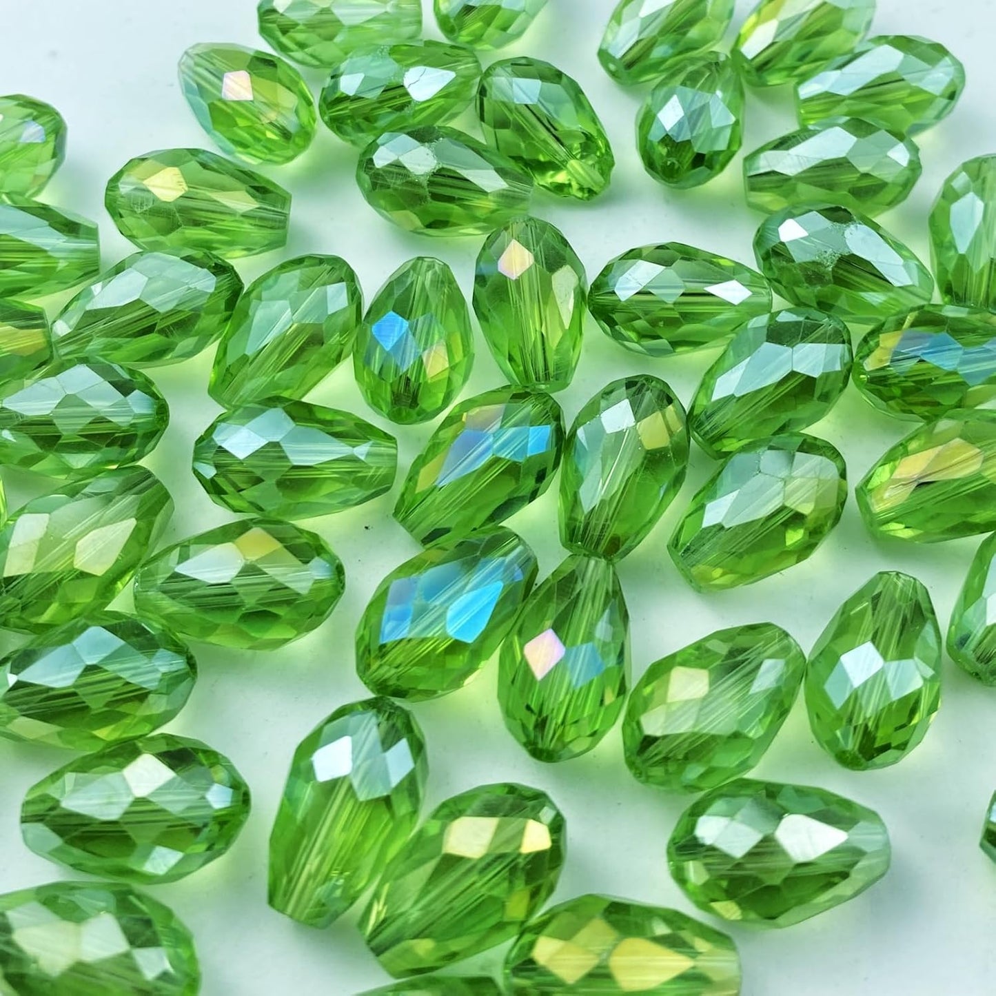 50pcs 10x15mm Teardrop Crystal Glass Beads Vertical Hole Faceted Glass Teardrop Spacer Beads for Bracelets Necklace Earring DIY Jewelry Making Craft(Light Green AB)