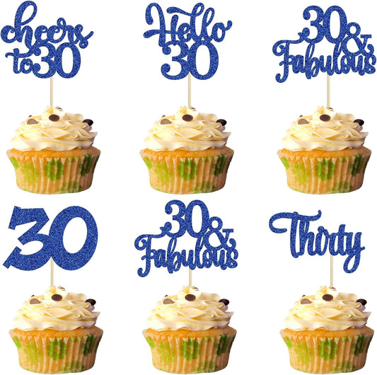 30Pcs Happy 30th Birthday Cupcake Toppers Deep Blue Glitter Thirty Cheers to 30 Birthday Cupcake Picks for Happy 30th Birthday Anniversary Party Cake Decorations Supplies