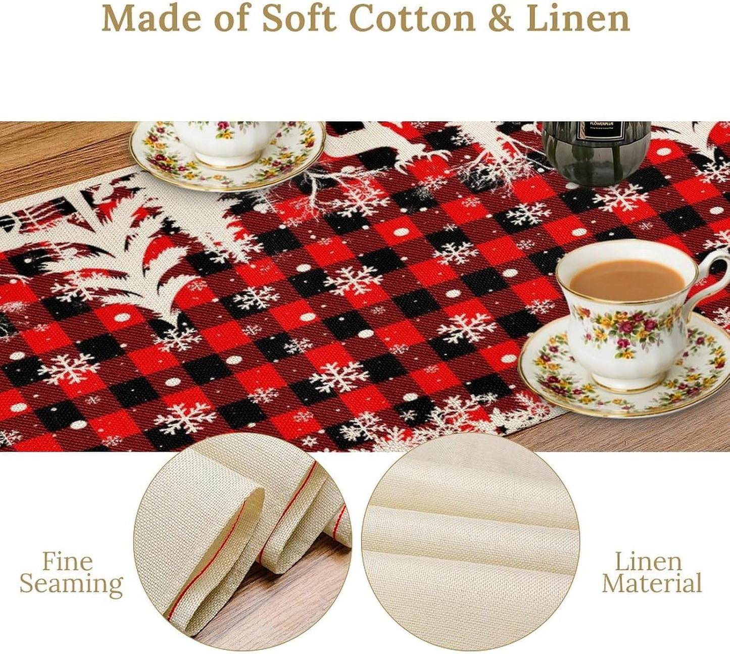 Christmas Table Runner,Red Black Plaid Xmas Snowflakes Deer Trees Print Tablecloth Burlap for Hotel Indoors Outdoor Dining Room Kitchen Home Decor,W13X L80 in