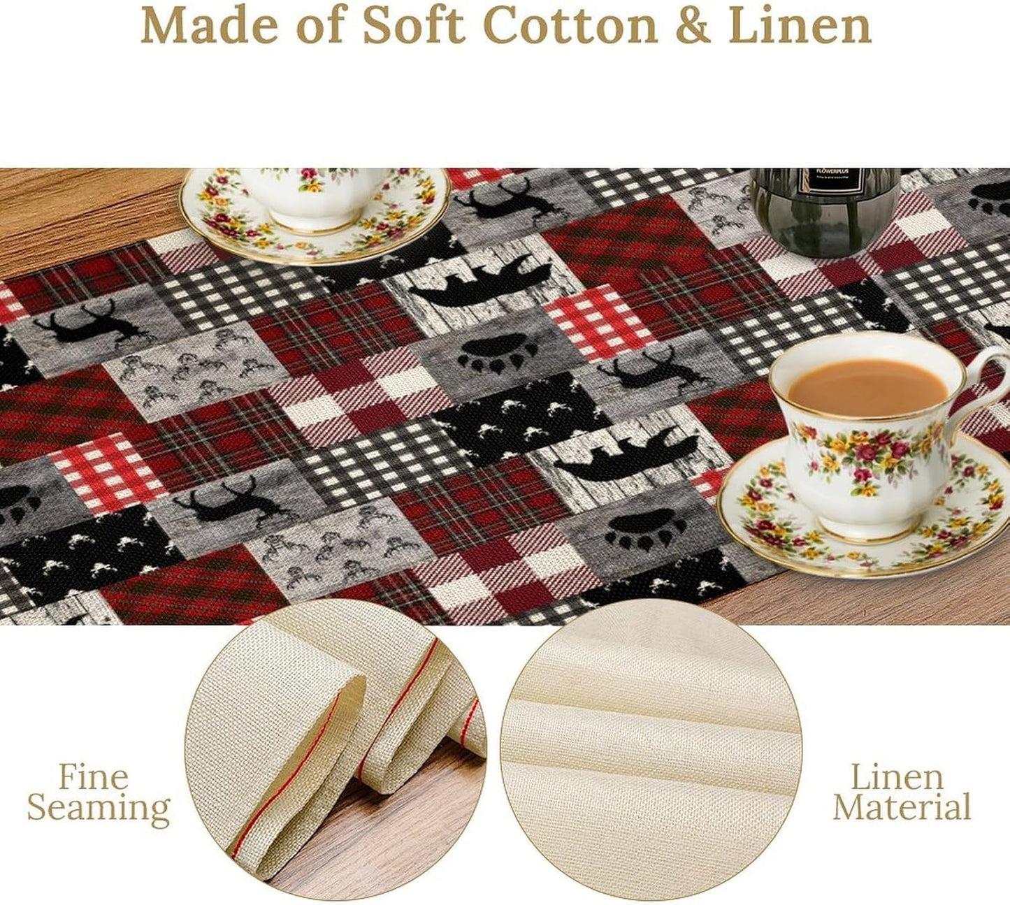 Rustic Farm Table Runner,Vintage Woodland Deer Bear Animal Buffalo Plaid Print Tablecloth Burlap for Hotel Indoors Outdoor Dining Room Kitchen Home Decor,W13X L90 in