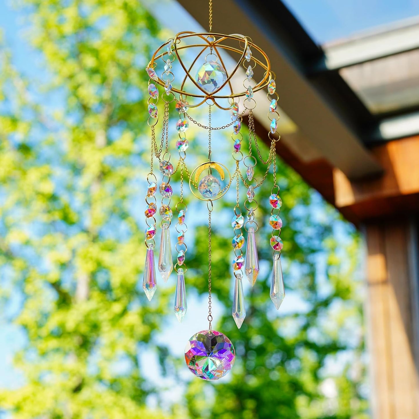 H&D HYALINE & DORA Colored Prisms Crystal Suncatcher Gold Window Sun Catcher Hanging Wind Chime Rainbow Sun Catcher for Home Garden Porch