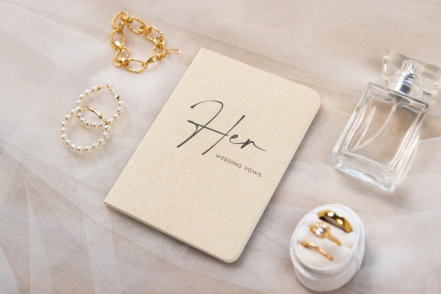 Slim Vow Books (Set of 2 - Design 4) - Soft Cream Canvas Linen Textured Cover Wedding Vow Booklets, Ceremony Speech Promise Notebook Journal, Gift for Newly Engaged Couple, 48 Lined Pages, 5.75" x 4"