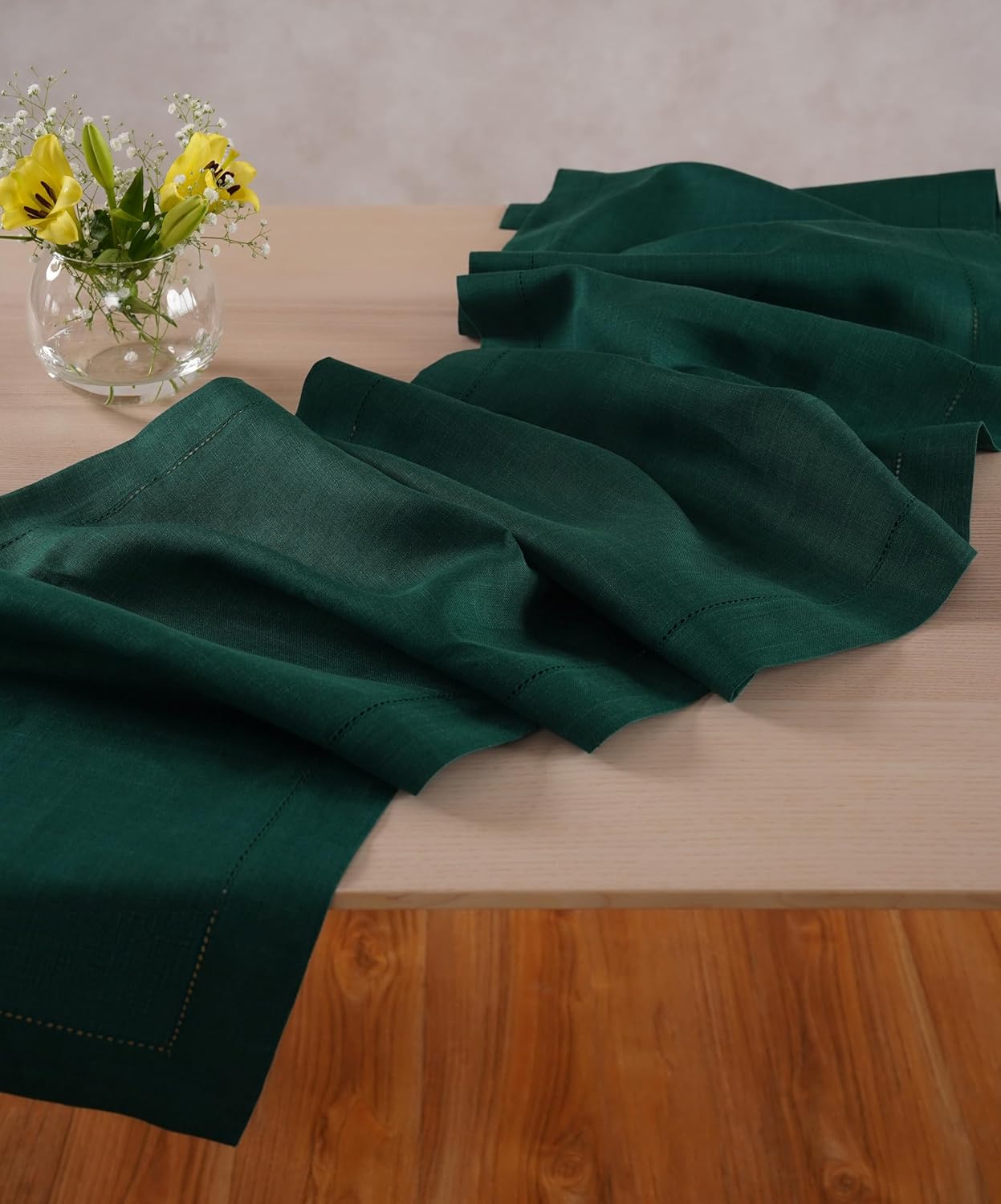 Linen Table Runner 14 x 120 Inch Long - 100% Pure Linen Christmas Green Table Runner - Cloth Fabric Hemstitch Runner for Thanksgiving, Christmas, Winter, New Year - Elara