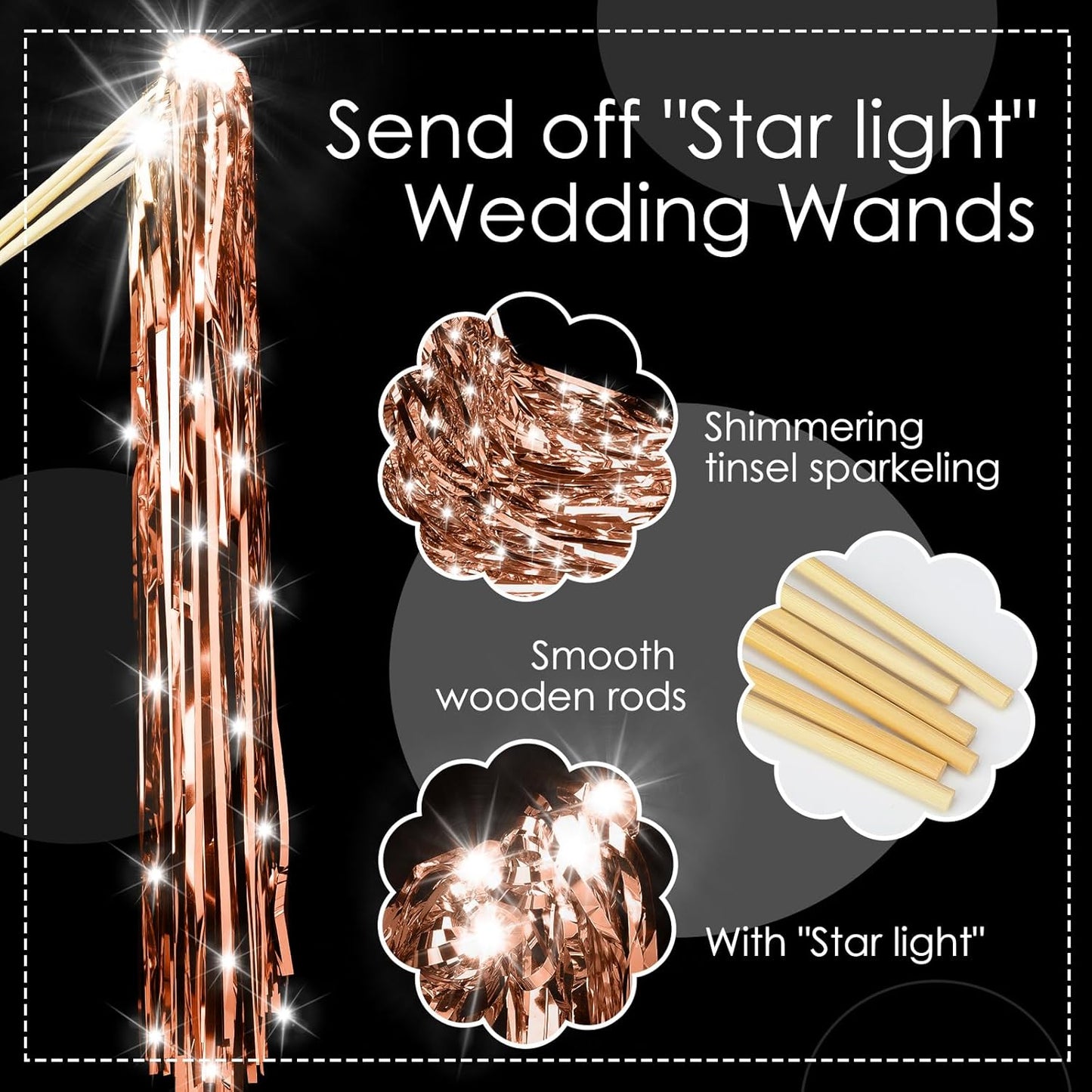 100 Pcs Lighted Wedding Wands LED Tinsel Wands Light up Streamers Sparklers for Wedding Send Off and Exits Birthday Party Props Favors(Rose Gold)