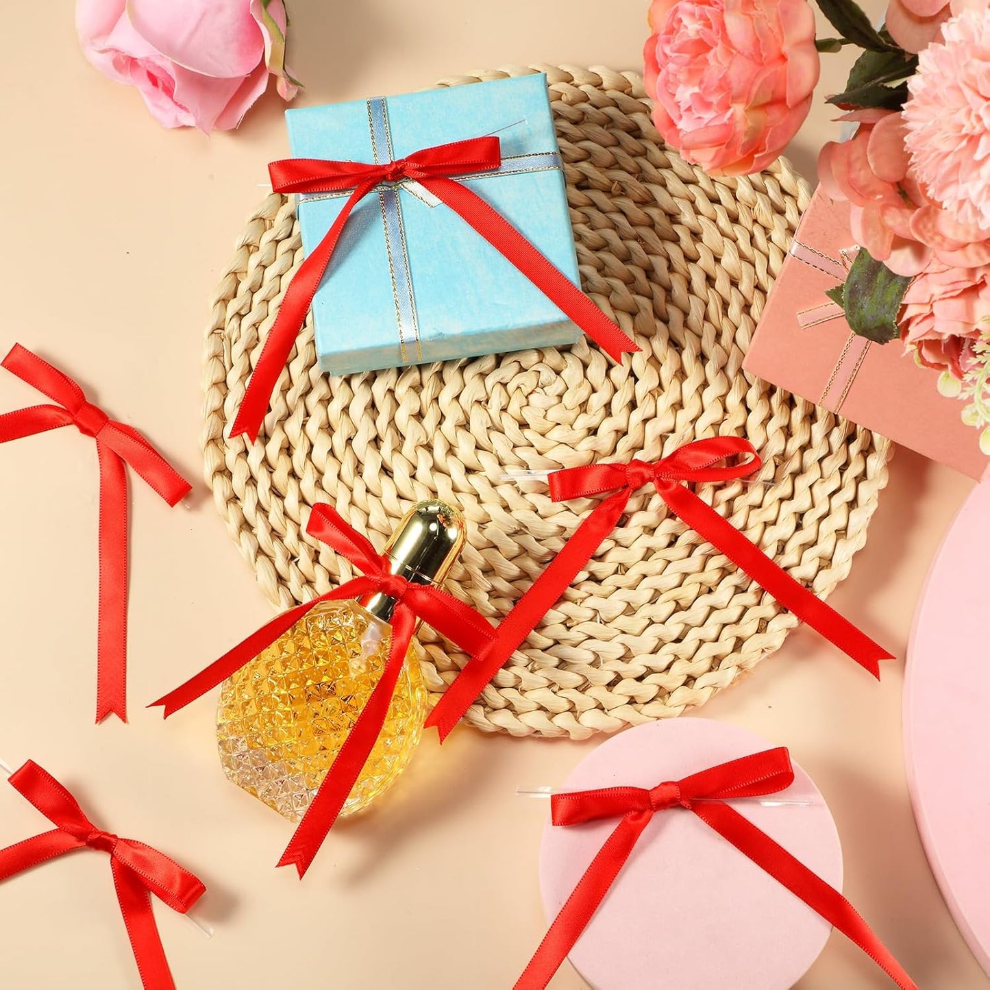 Riceshoot 50 Pcs Twist Tie Bows for Cake 3x4.5 Inch Satin Ribbon Bows for Gift Wrapping Treat Bags Craft DIY Wedding Baby Shower Birthday Party(Red)