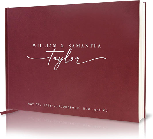 Personalized Guest Book - 11.5" x 8.5" Custom Bride & Groom Names with Bookmark and Hard Cover 140 GSM Blank Pages, for Weddings Guest Book, Engagements, Birthdays, Special Events, Wine