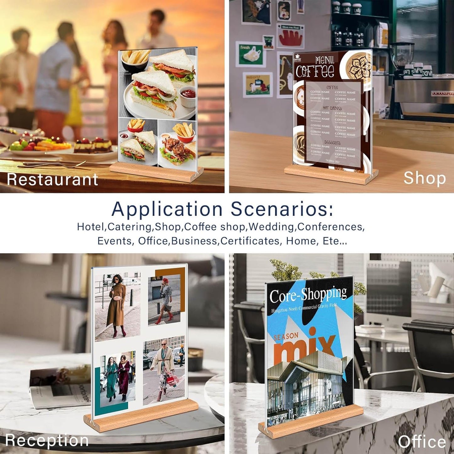 Kersally Acrylic Sign Holder 5 x 7, 3 Pack Double-Sided Clear Table Display Stands with Wood Base,Vertical Acrylic Frame Menu Flyer Paper Holder for Stores, Restaurants, Hotels, Office, Show Fair