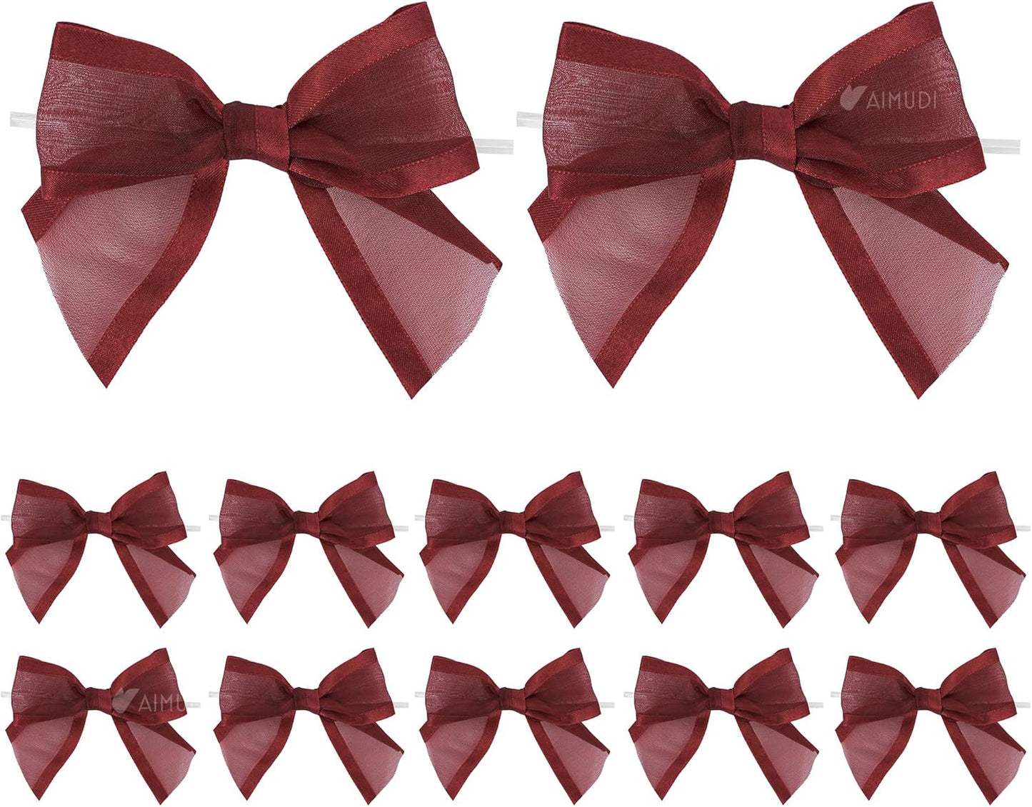 AIMUDI Burgundy Bows for Crafts 4" Organza Bows Premade Twist Ties Bows for Gift Wrapping Crafts Treat Bags Baskets Cake Pop Baby Shower Birthday Wedding Decor - 12 Counts