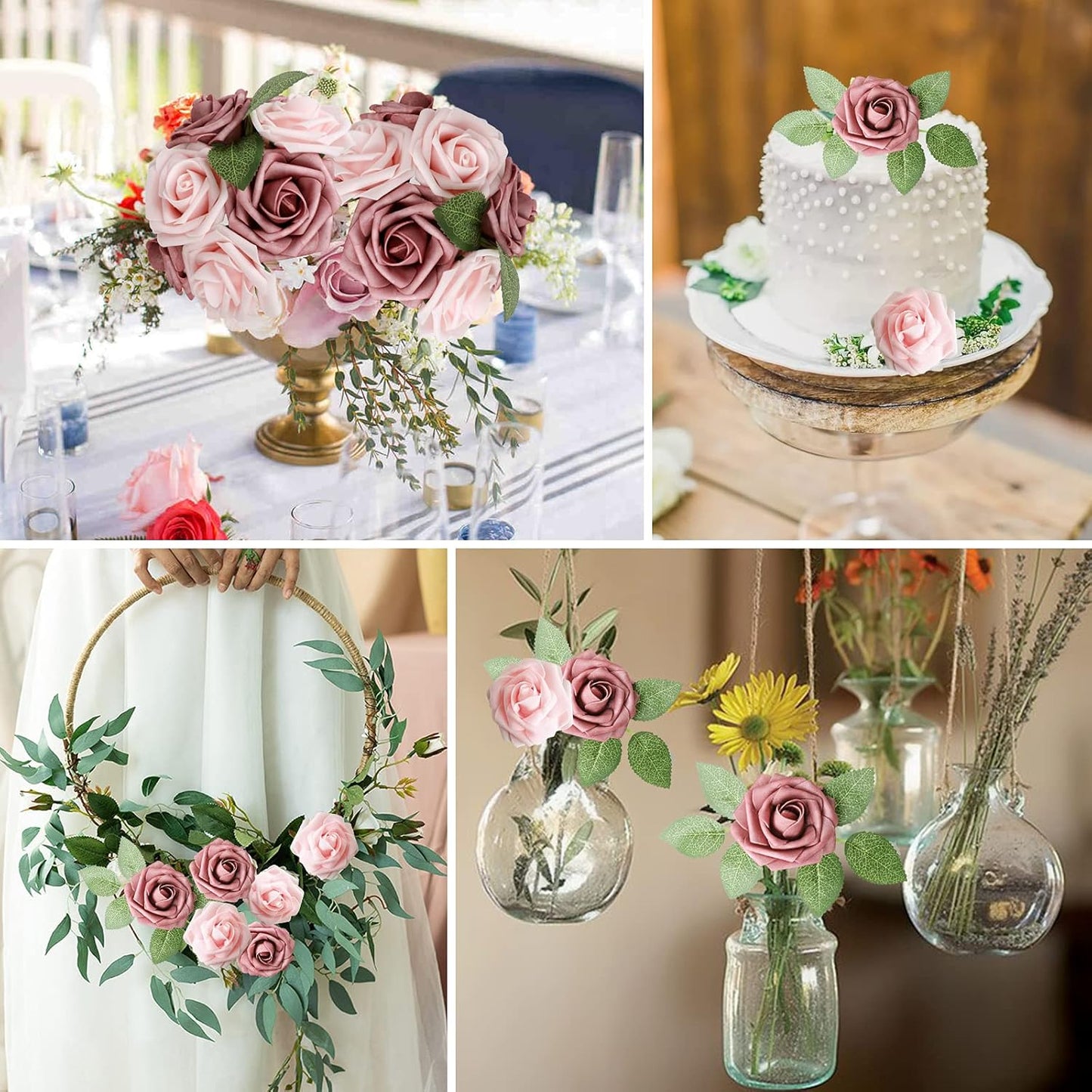 AmyHomie Artificial Flower Warm Taupe & Nude Rose 25pcs Real Looking Fake Roses w/Stem for DIY Wedding Bouquets Centerpieces Arrangements Party Baby Shower Home Decorations