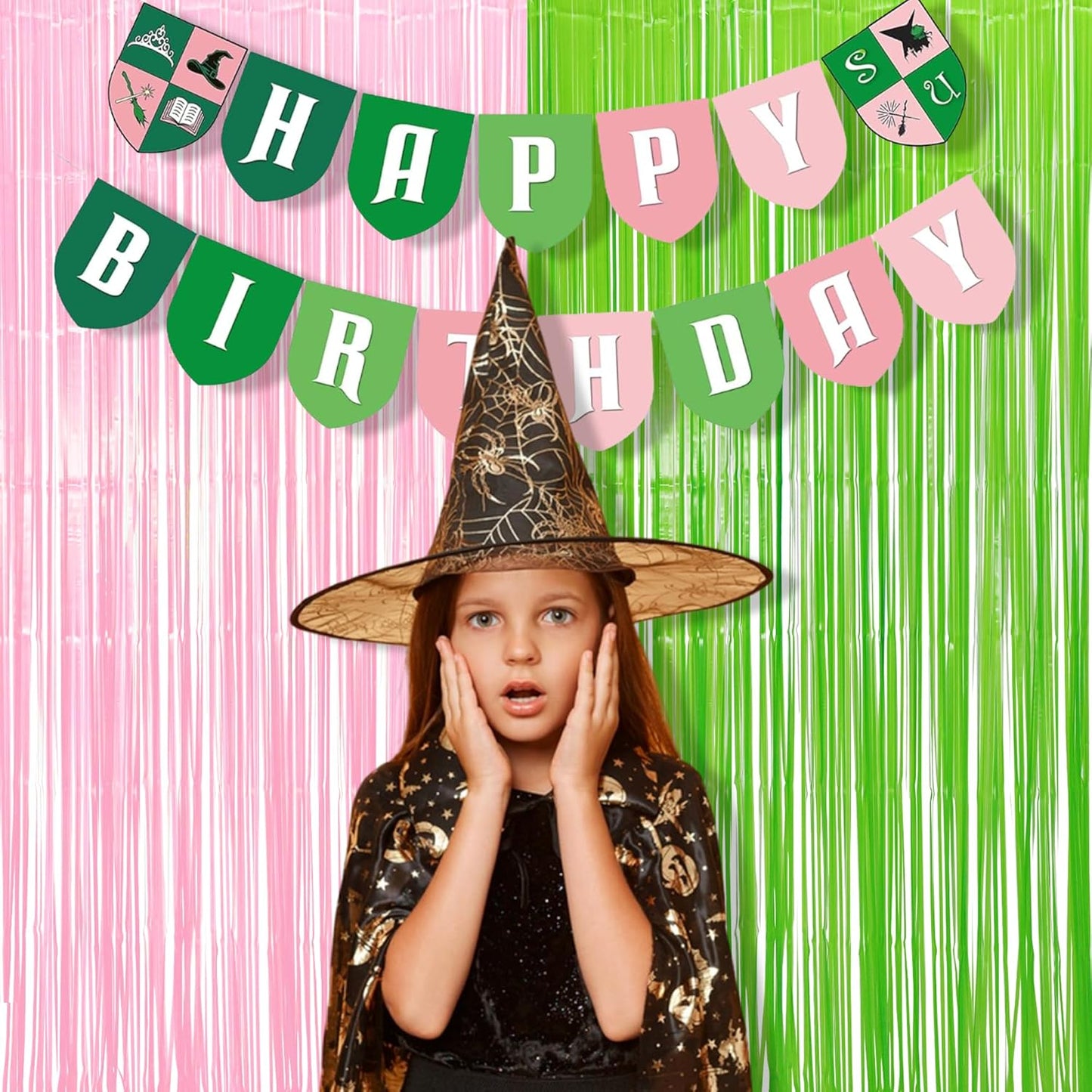 BRAVESHINE Party Streamers Backdrop - 2 Pack 3.2ft X 8.2ft Tinsel Foil Fringe Curtains for Halloween/Boo/Fairy/Girl Birthdays/Wizard/Baby Shower/Photos Booths/Pink and Green Party Decorations